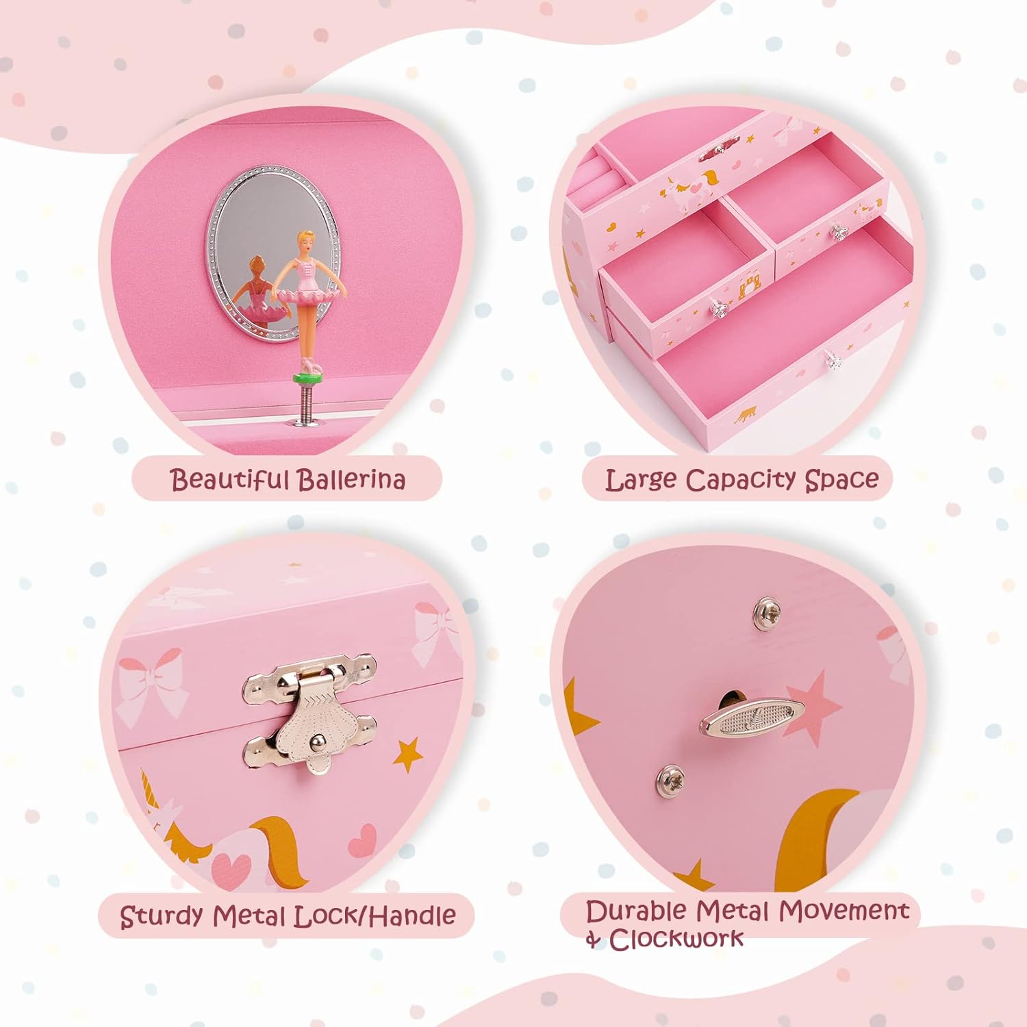 Musical Jewelry Box for Girls 8.07 x 5.12 x 6.14 with 3 Pullout Drawers Spinning Ballerina & Unicorn Jewelry Set, Music Boxes for Birthday Valentine Christmas Gift Waltz of Flowers Tune - Image 3