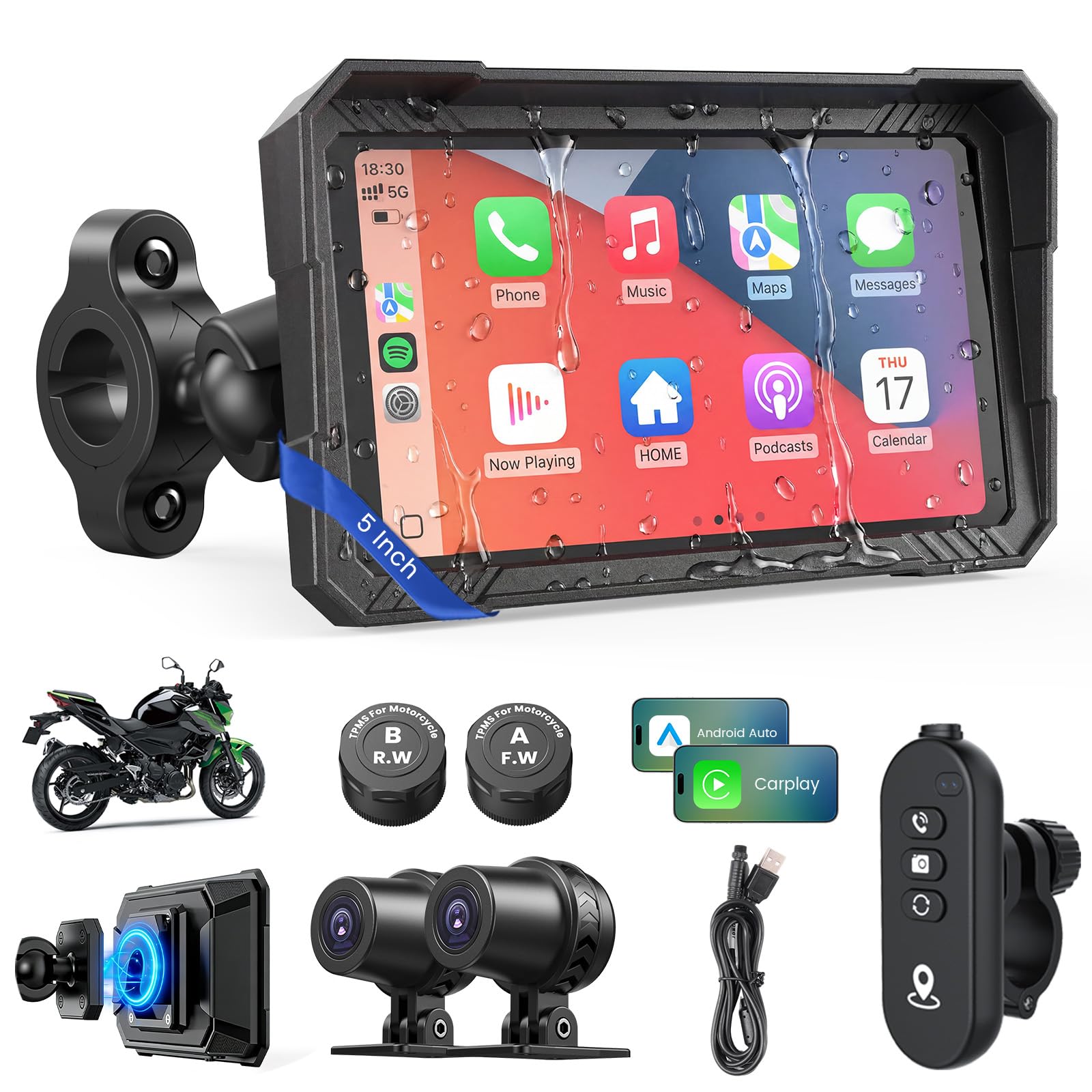 WonVon Motorcycle CarPlay Screen with Android Auto – 5” Waterproof GPS Pantalla para Moto Apple CarPlay Navigation System for Motorcycle, Dual 2K Dash Cam Bluetooth Audio & TPMS with Magnetic Mount 5”+2K Cam+TPMS+Magnetic Mount+Control Handle