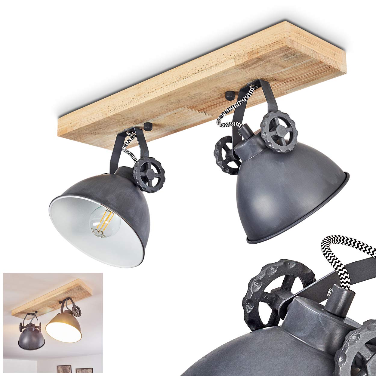 Ceiling lamp Svanfolk, Metal/Wood Ceiling lamp in Blue-Grey/Nature, 2-Flame, with Adjustable spotlights, 2 x E14 Socket, Retro/Vintage Design, Without Bulbs
