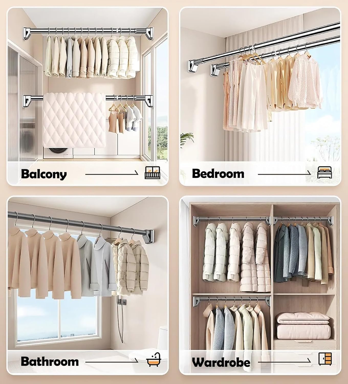 Heavy Duty Tension Rod for Closet, No Drill Hanging Clothes Organizer for Laundry, Patio, Balcony, Metal Shower Curtain Rack (Size: 0.7~1.2m/2.3~3.9')