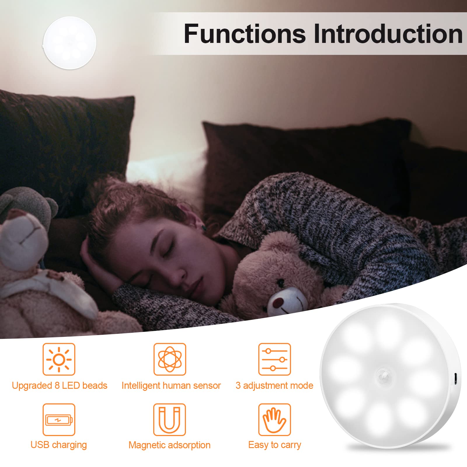 KEWUZY 6-pack Luz Nocturna Sensor Movimiento Recargable por USB, de Armario, 8 LED, 3 Modos (Auto/On/Off) para Armarios, Pasillo, Escalera, Sótano, Garaje(Blanco Frío)