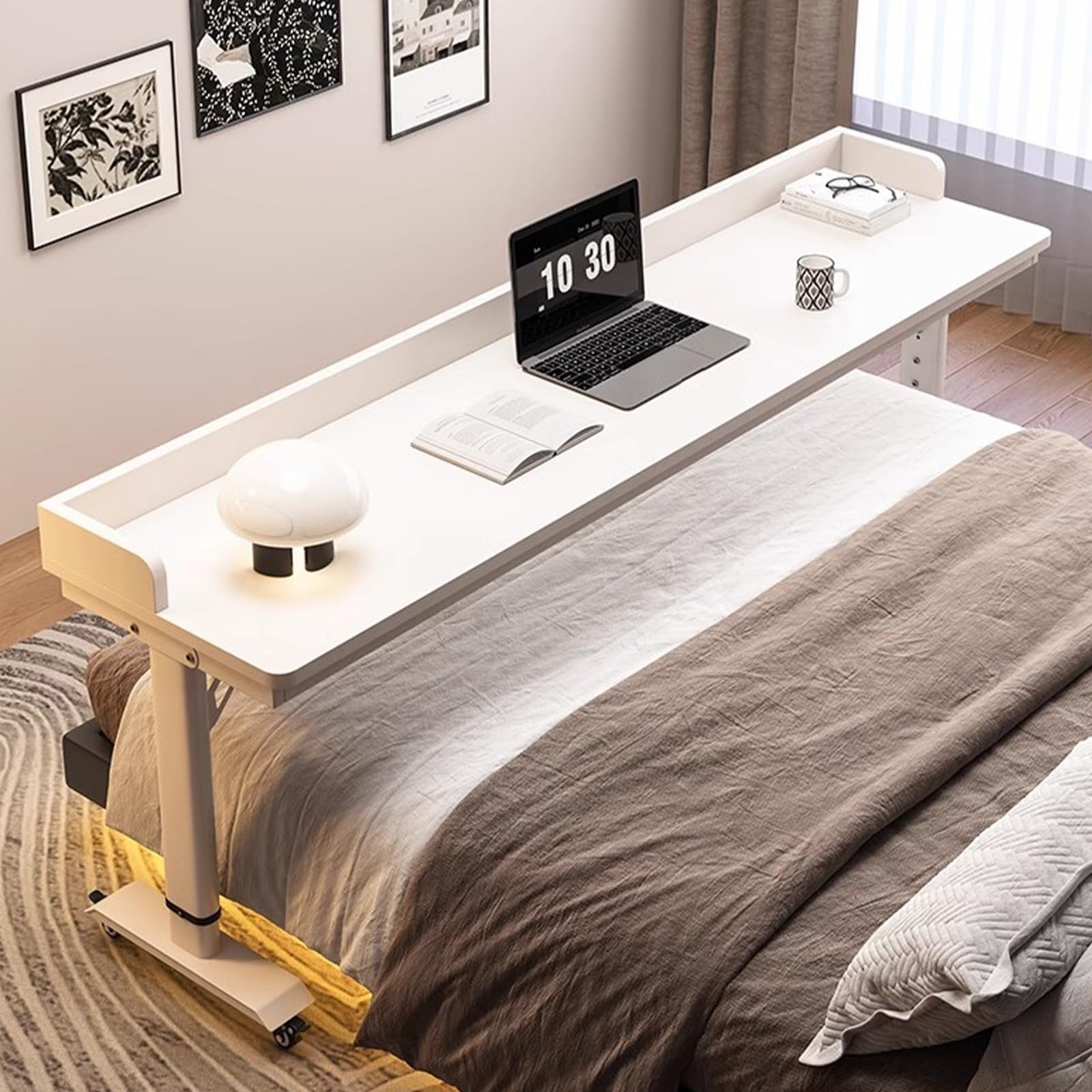 Bedtable,Adjustable Overbed Table with Wheels - Mobile Bed Desk for Queen Size Beds, Standing Desk with Sturdy Metal Legs, Ideal for Bedroom & Home Office (White, 70.8in)