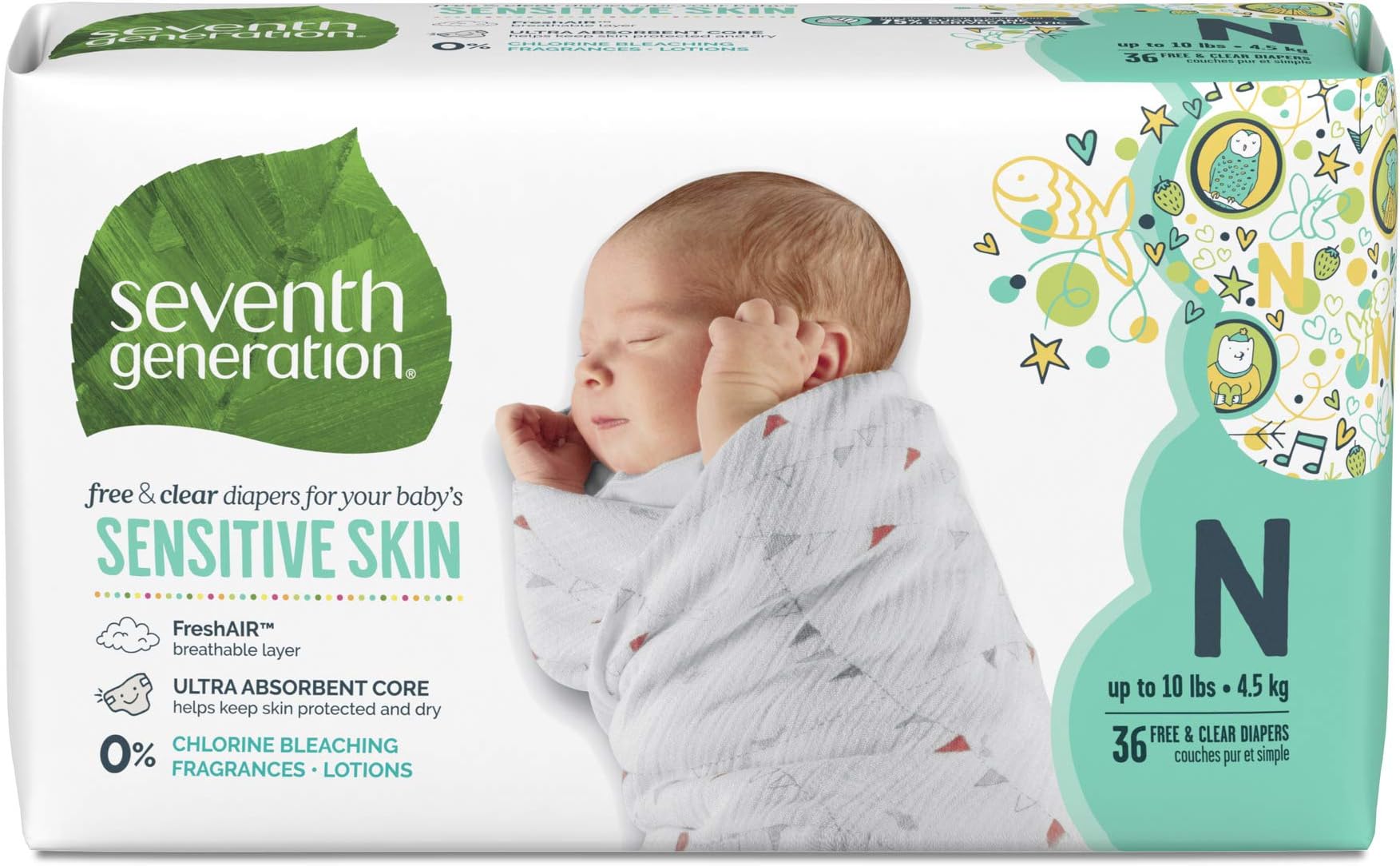 Seventh Generation Baby Diapers, Free and Clear for Sensitive Skin, with Animal Prints, Newborn, 36 Count