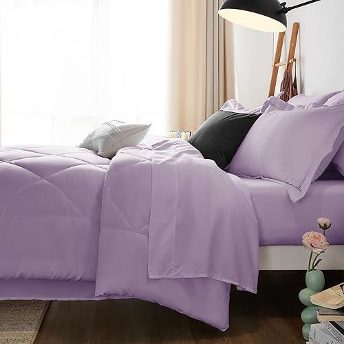 Miniatura 4 de CozyLux Juego de edredón King con sábanas de 7 piezas, ropa de cama en una bolsa, color morado claro para todas las estaciones, juegos de ropa de