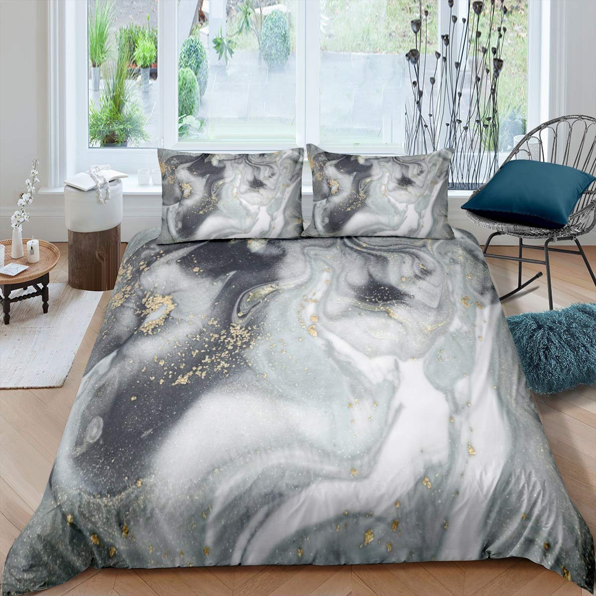 Loussiesd Marble Bedding Set - Gray Marble Print Duvet Cover & Bedspread for Kids, Women & Adults - Abstract Art, Modern Style - King Size, 3Pcs