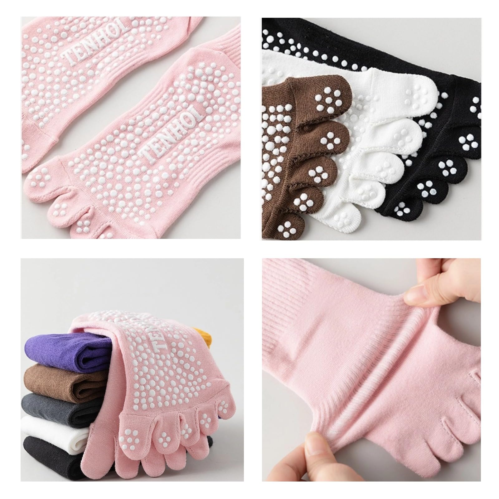 MACEFIL 6 Pairs Non Slip Toe Socks for Women, Medium-Large, Colorful, Cotton, Crew Length, 6 Count