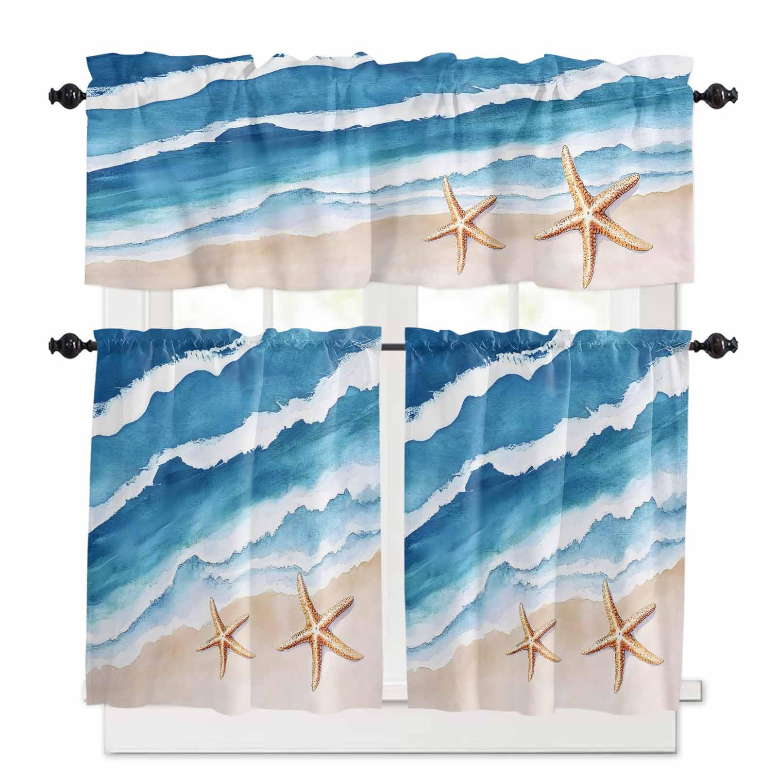 Blue Coastal Kitchen Curtains 36 Inch Length, 3 Piece Rod Pocket Small Half Tiers and Valance Set, Summer Beach Waves Nautical Starfish Small Large Window Treatment Decor for Bedroom/Bathroom Sink