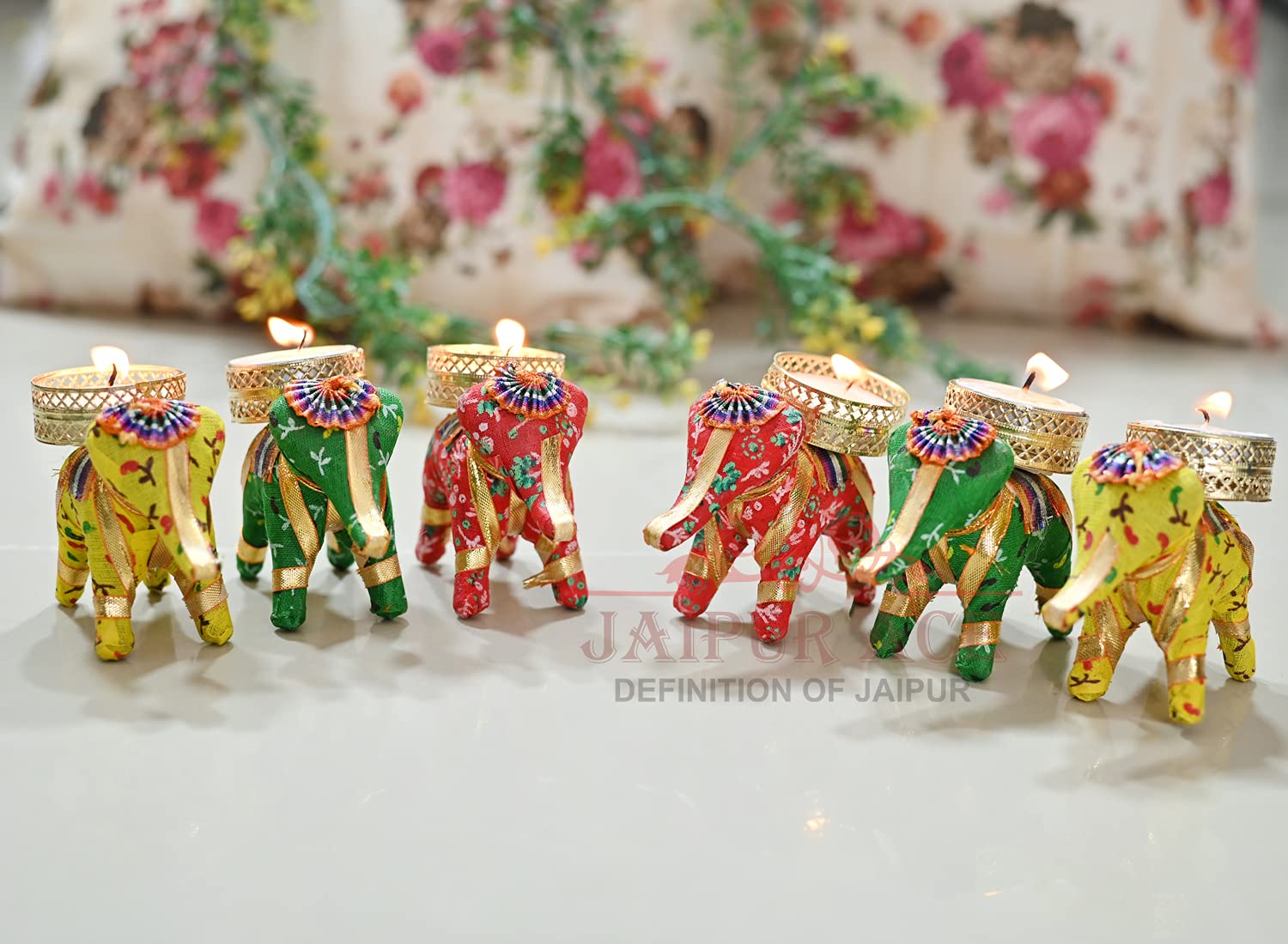 Agarwal Trading Corporation Handcrafted Elephant Holding Beautiful Wax Tea Light Diya- Set of 6