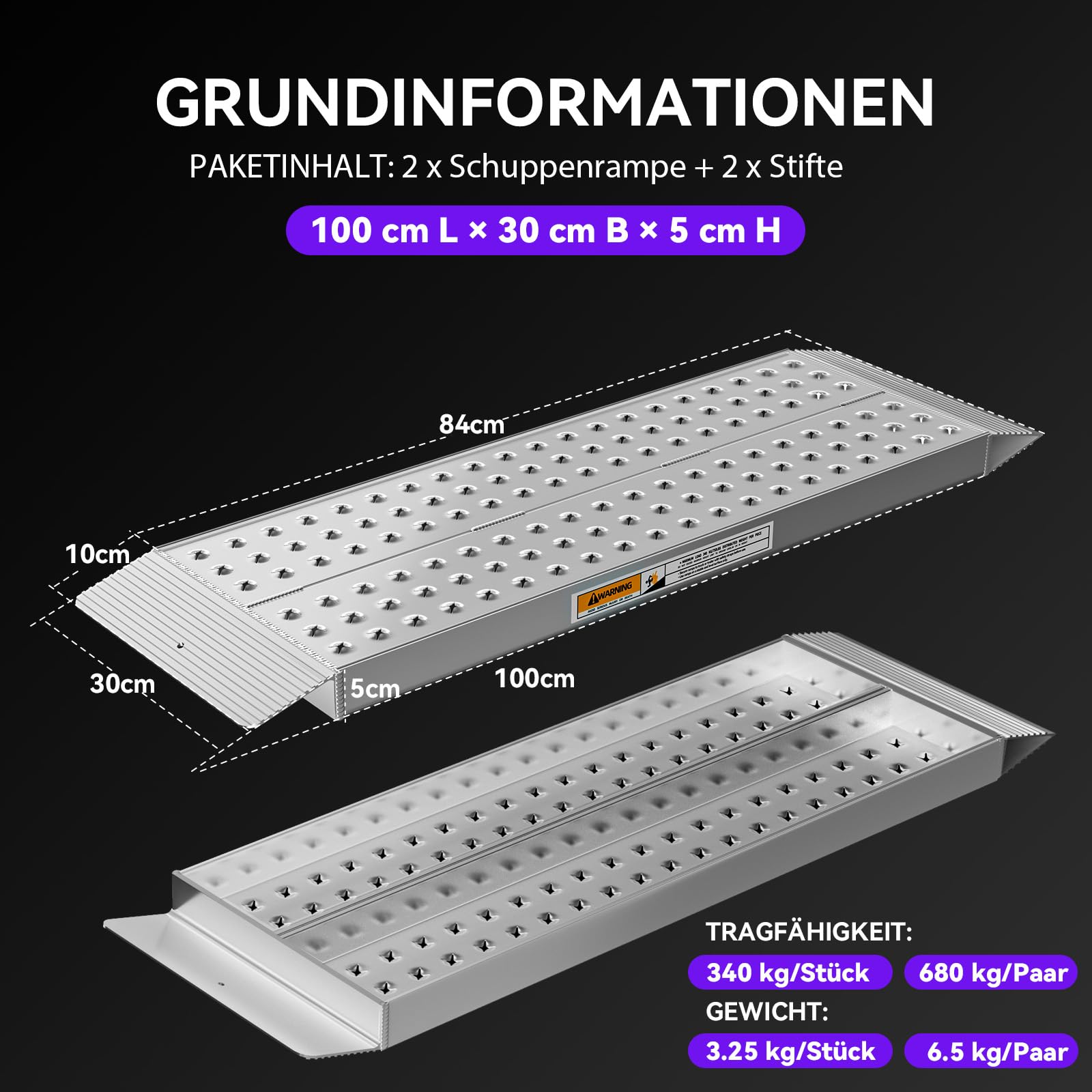 FACHNUO Stabile Aluminium-Rampen 100x30 cm | Laderampe, 680 kg Tragfähigkeit, rutschfest für Schuppen/Rasenmäher | Für Schneefräsen, Motorräder, Crossbikes & ATVs | 2er-Set, Silber