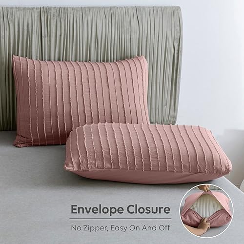 Miniatura 5 de JELLYMONI Funda de edredón rosa tamaño individual  Juego de funda de edredón de microfibra copetuda de 3 piezas, funda de edredón bohemia a rayas