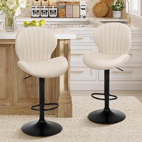 Miniatura 16 de Juego de 4 taburetes de bar, modernas sillas de bar giratorias, taburetes tapizados de piel sintética ajustable, altura de mostrador con respaldo