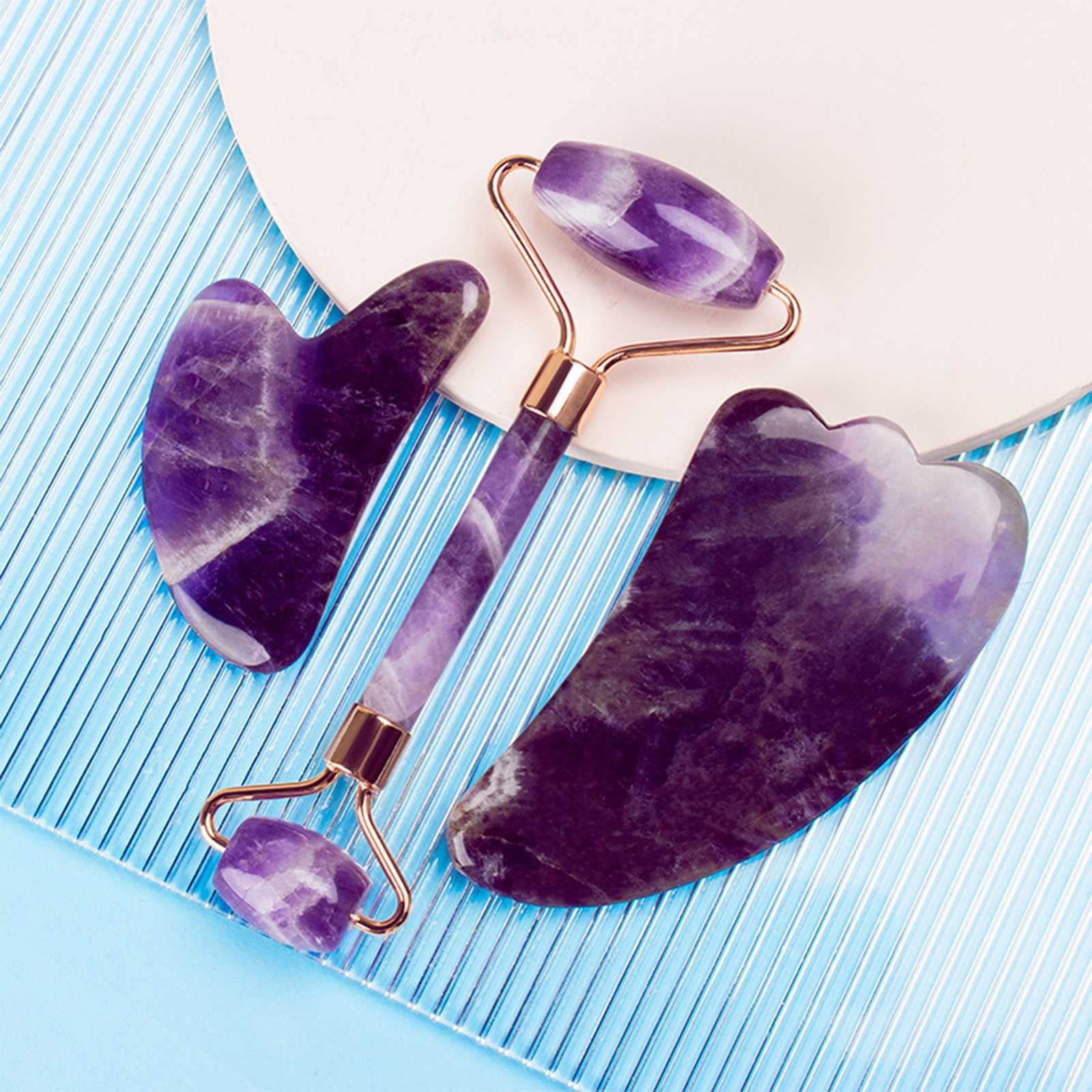 Zestaw narzędzi Gua Sha Roller do twarzy, naturalny jadeit i ametyst, do podnoszenia, napinania i pielęgnacji skóry, masaż południka i czyszczenia piegów