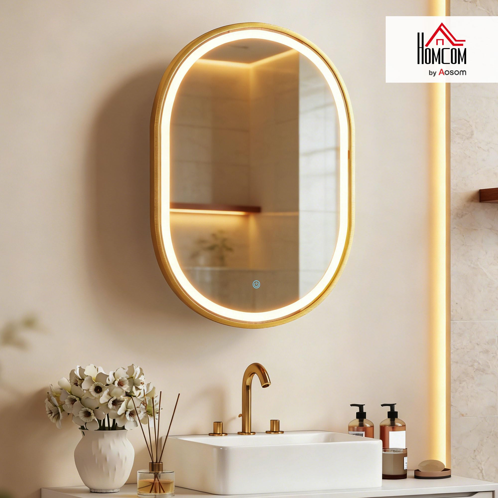 HOMCOM Armoire Murale Salle de Bain avec Miroir et Éclairage LED, 50x14,5x70cm, Meuble Salle de Bain à Porte Ovale Alliage d'Aluminium, Anti-Buée, 3 Températures de Lumière, Étagères Réglables, Doré