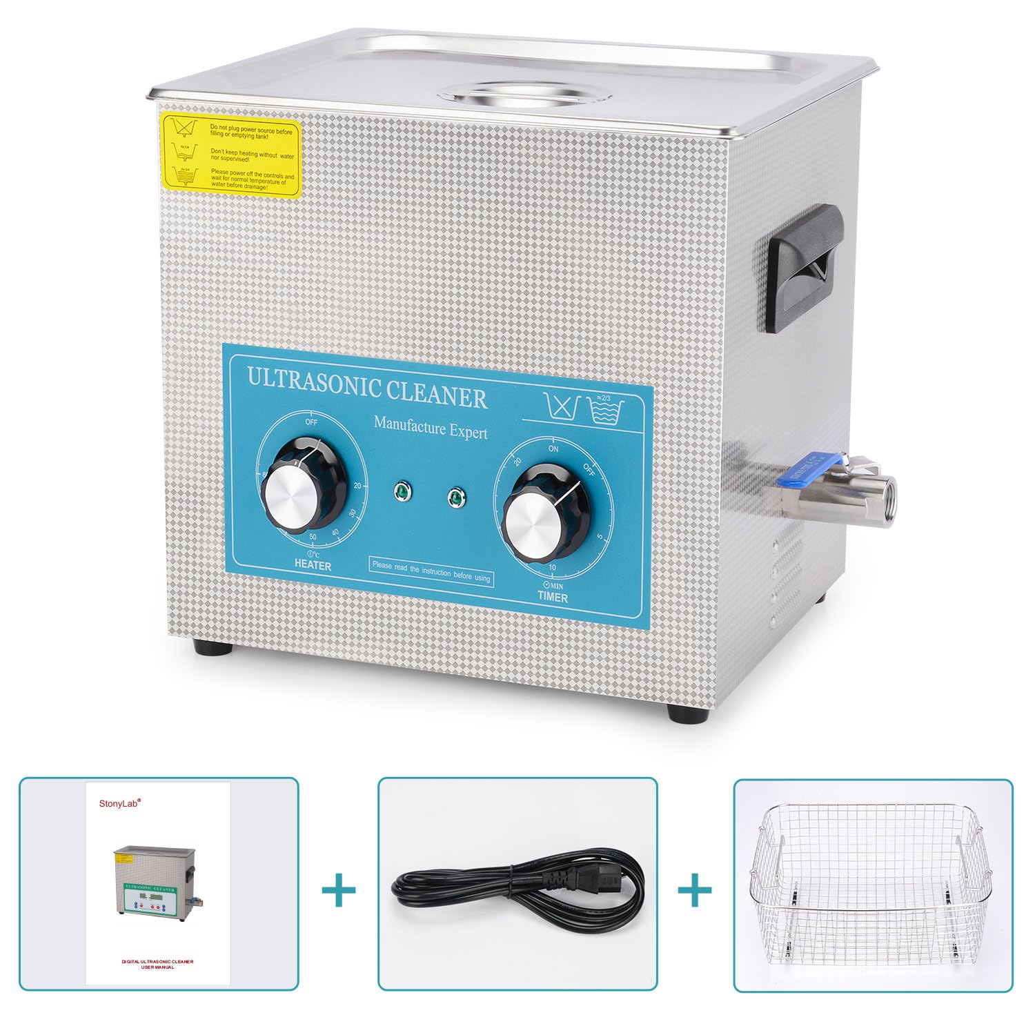 stonylab Limpiador Ultrasónico, Acero Inoxidable 304 limpiadores Ultrasonidos Profesional Multiusos con Panel de Control Mecánico de Calefacción y Temporizador para Laboratorio 40kHz 220V, 10L