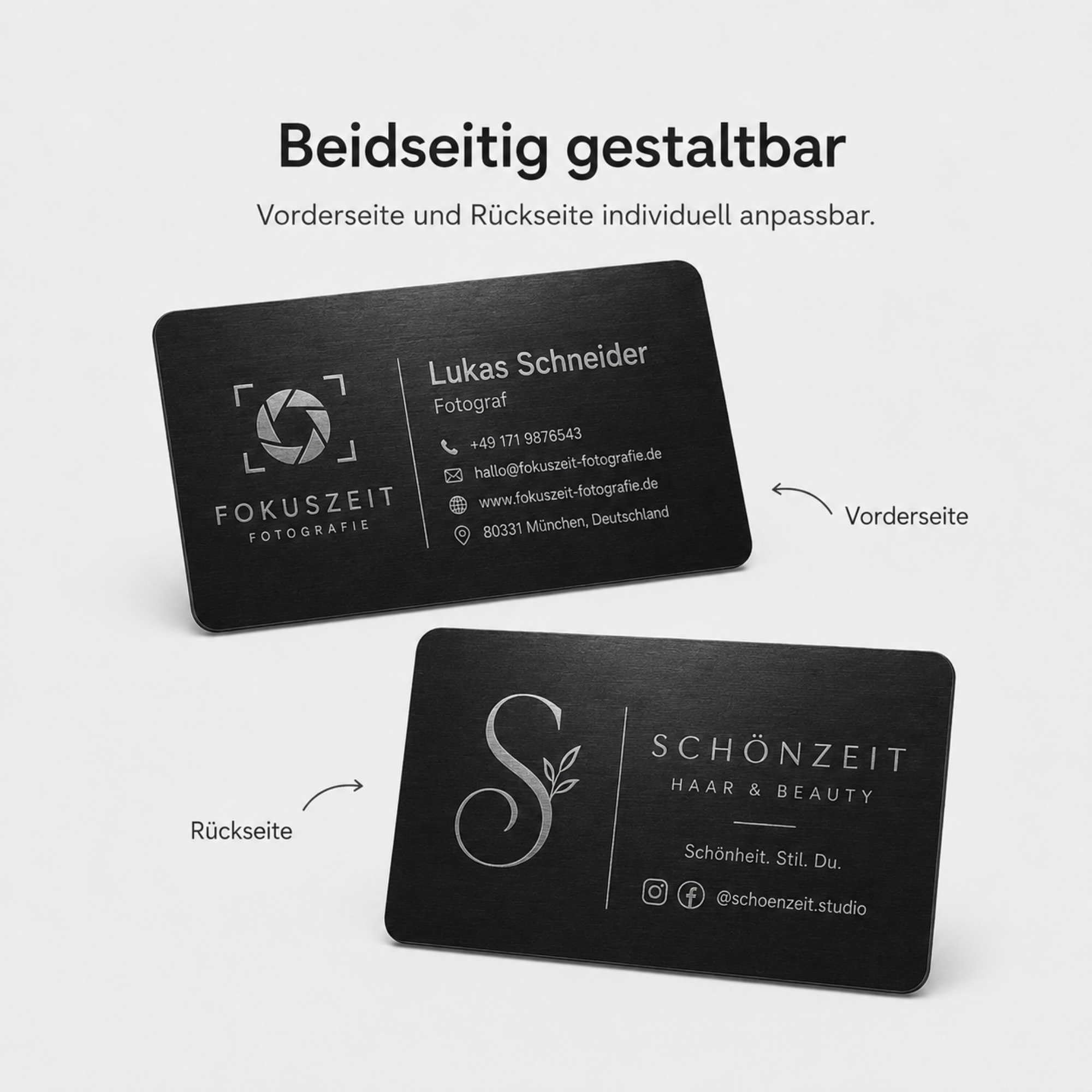 Visitenkarten erstellen - 100 personalisierte Aluminium Metall-Visitenkarten in Schwarz, 85 x 54 mm, mit Logo, Text oder QR Code, beidseitige Lasergravur