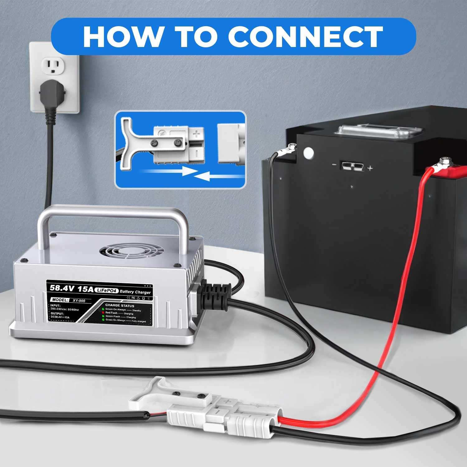 LiFePO4 58,4 V 25 A oplader voor 48 V (51,2 V) lithium-ijzerfosfaatbatterij, snel opladen, beschermt de batterij