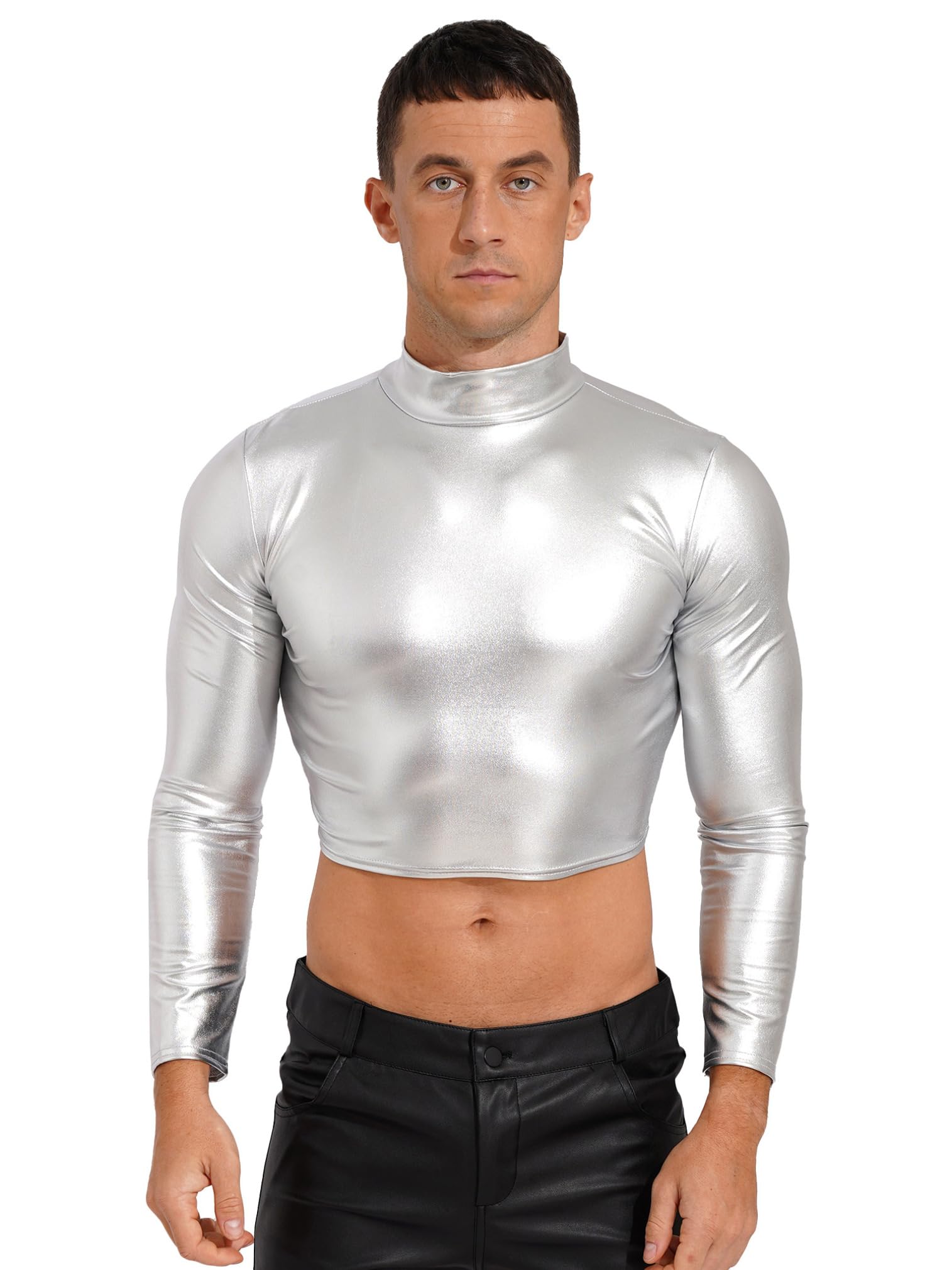 easyforever Men's Metallic Mock Neck Long Sleeve Crop Top Shiny Compression Shirts for Club Party Silver Large
