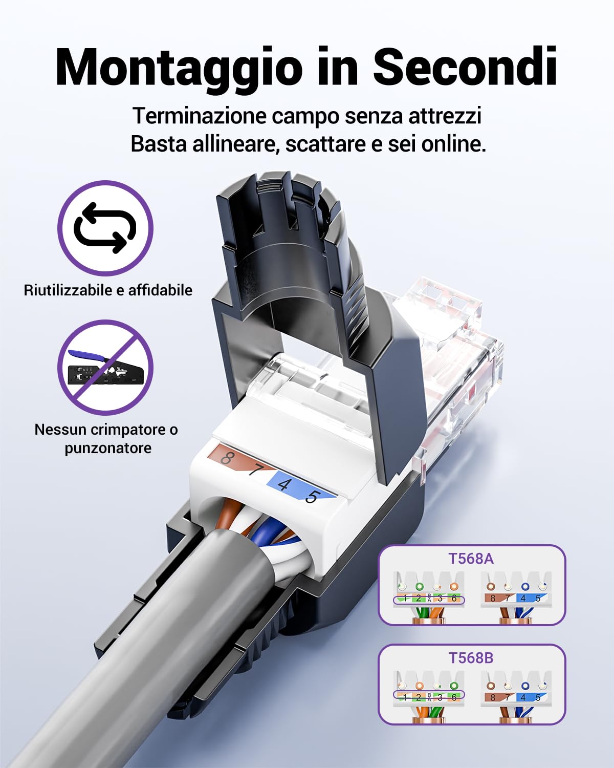 VCELINK Cat6 Connettore RJ45 Senza Attrezzi LSA, 1000 Mbps/250 MHz, Compatto Riutilizzabile, Plug RJ45 UTP Placcato in Oro per Cavo di Rete AWG 23-26, Compatibile con PoE, Nero, 2 Pezzi
