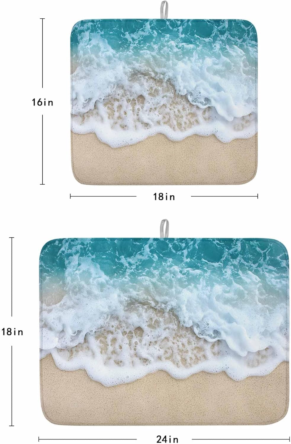 Dish Drying Mat for Kitchen, Ocean Beach Teal Green Waves Scenery Absorbent Dish Drying Pad, Kitchen Counter Mat for Dishes Utensils Camping, 16"x18"(2 Pcs)