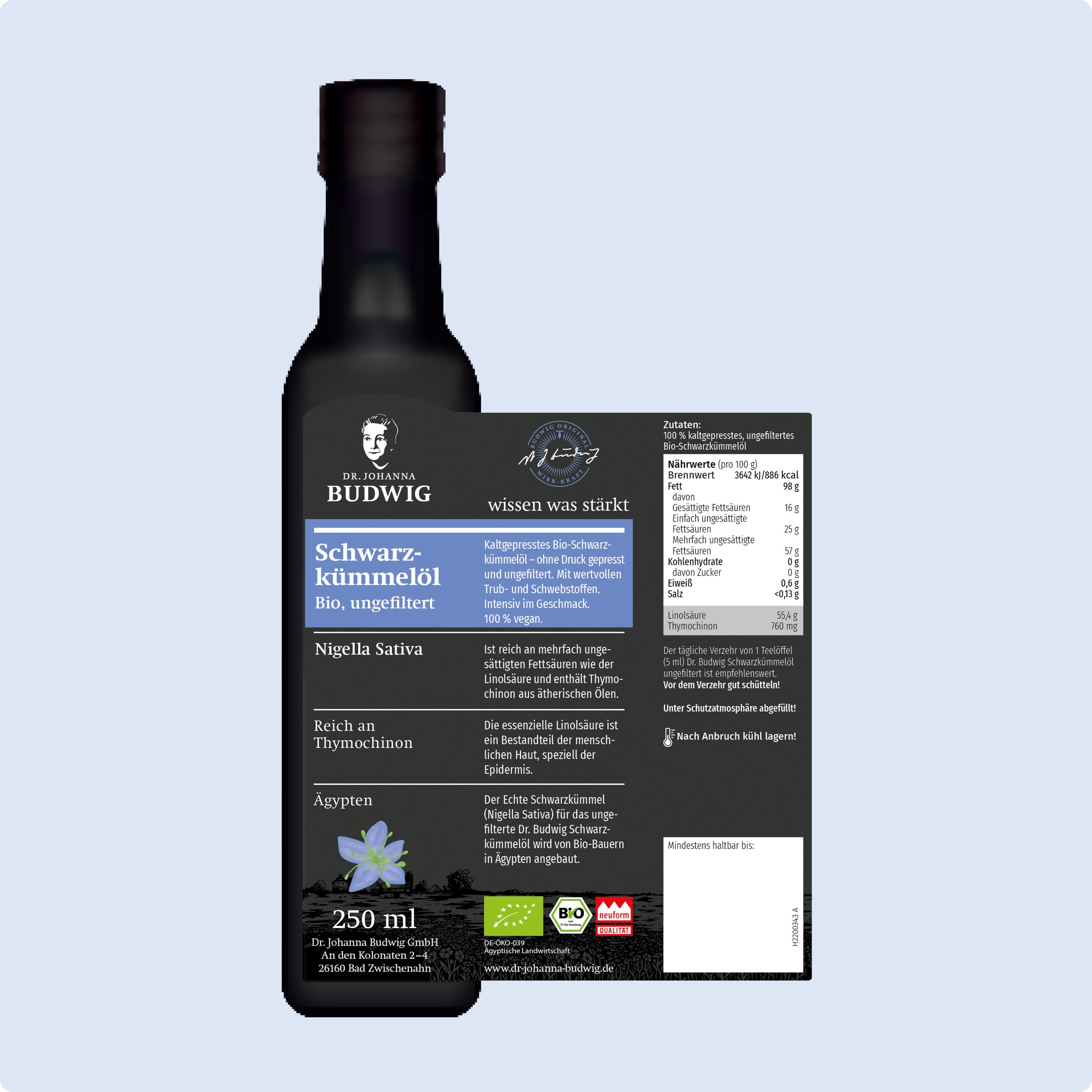 Dr. Budwig Premium Bio Schwarzkümmelöl ungefiltert (250ml) - nigella sativa - ätherisches Öl aus Ägypten - Vitamin E - 760mg Thymochinon - Linolsäure - kaltgepresst - laborgeprüft - naturrein