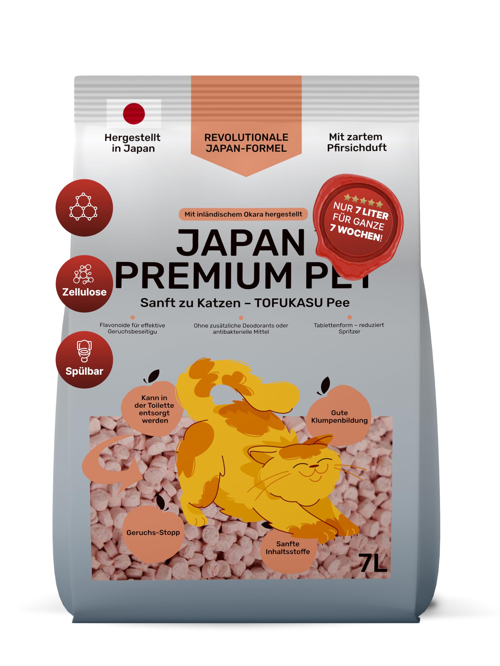 Pfirsich & Tofu Katzenstreu | Antibakterielle, spülbare und Geruchshemmende | Katzenstreu staubfrei auf Pflanzenbasis | Absorbiert das 9-fache seines Gewichts | 7L