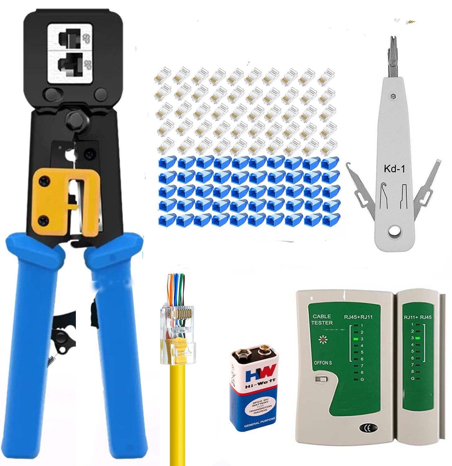 Civon Crimp Tool Kit Cat5 Cat5e Cat6 RJ45 Crimping Tool, 50PCS RJ45 Pass Through Connectors, 50PCS Covers, Network Cable Tester, 9 Volt Batter Wire Punch Down Cutter-picture-27