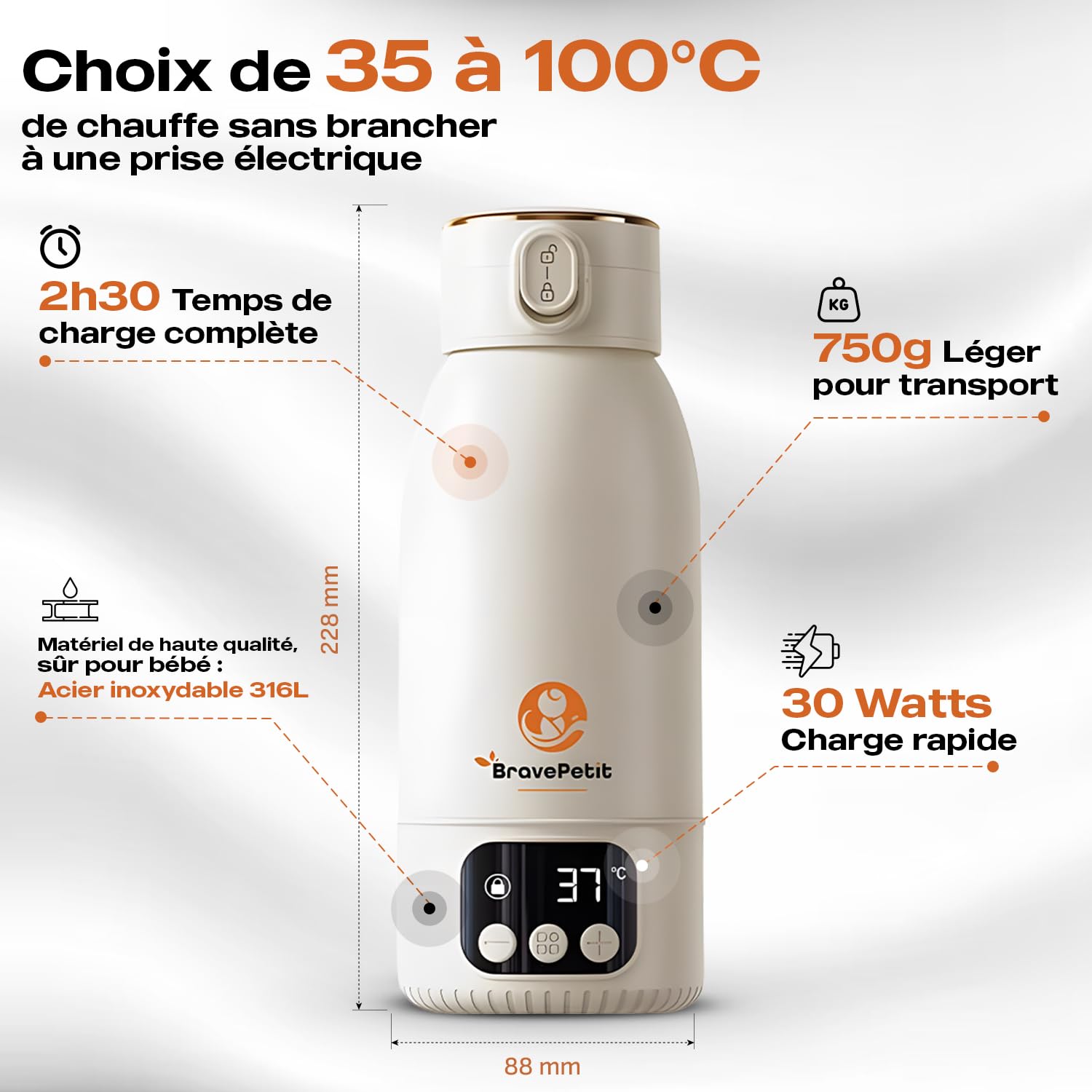 Chauffe-Biberon Portable Nomade, Chauffe Rapide Eau ou Lait, Autonomie Longue Durée, Recharge USB-C, Capacité 500ml, Boîte Doseuse 4 Compartiments, Idéal Voyage & Voiture