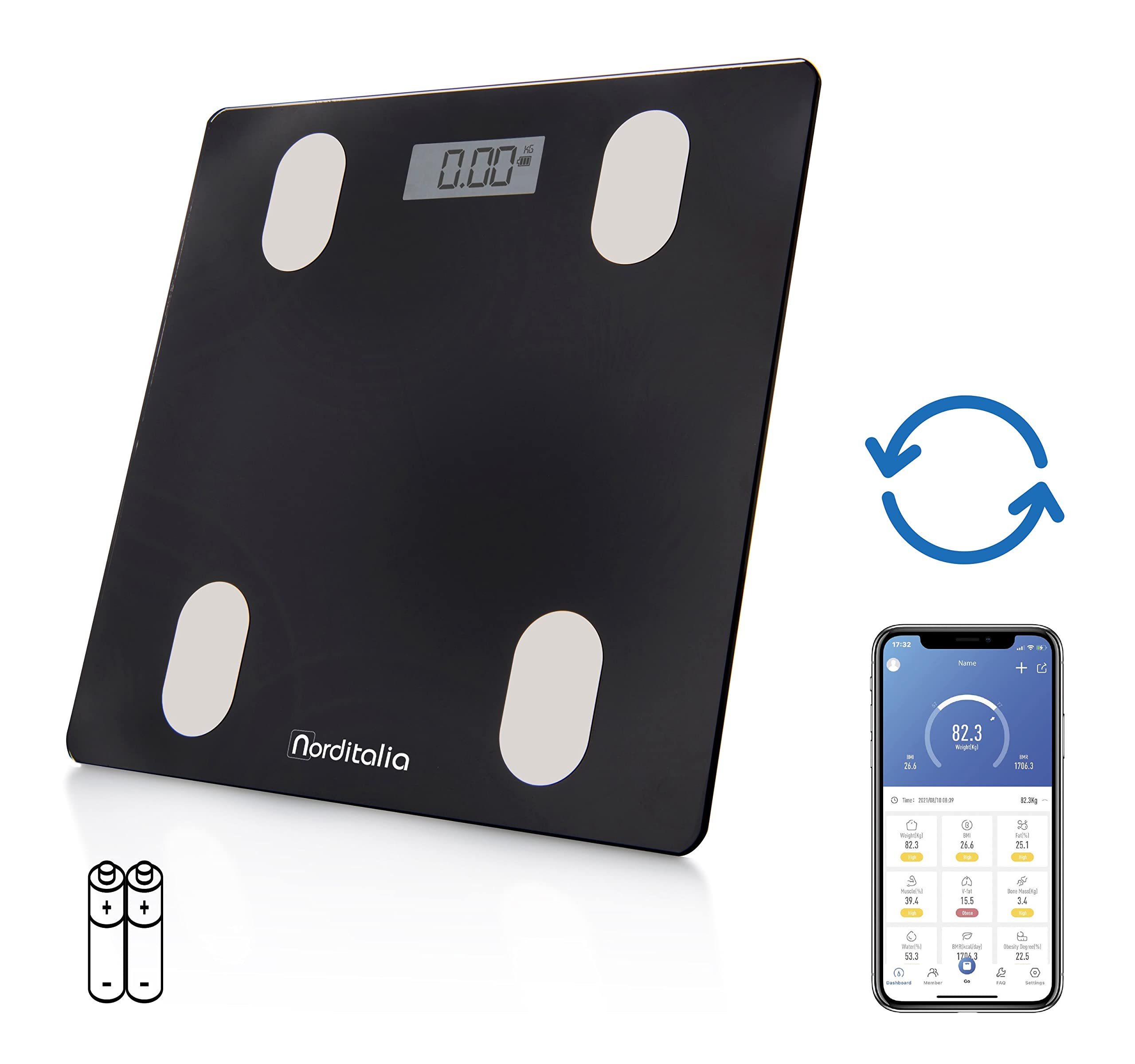 NORDITALIA, BI 150, Bilancia Smart con Bluetooth, Body Composition,12 parametri, batterie incluse, Bilancia Diagnostica vetro temprato