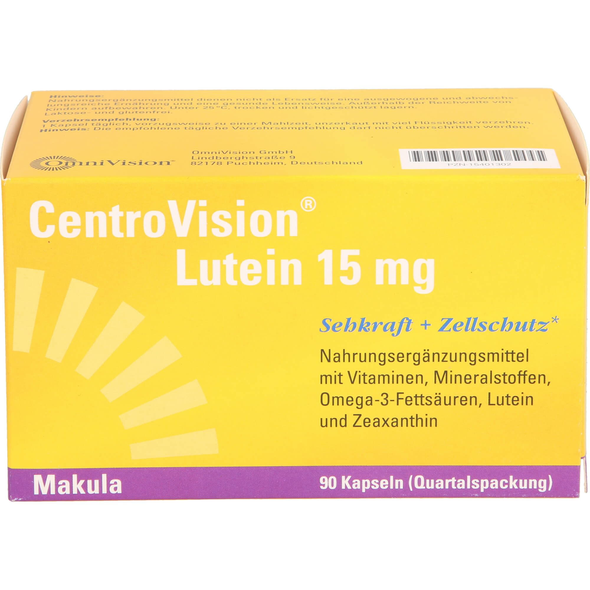 CentroVision Lutein 15 mg – Zur Erhaltung der normalen Sehkraft, Nahrungsergänzungsmittel mit Vitamin C, Vitamin E, Vitamin B2, Zink, Kupfer, Omega-3-Fettsäuren, Lutein und Zeaxanthin, 90 St.