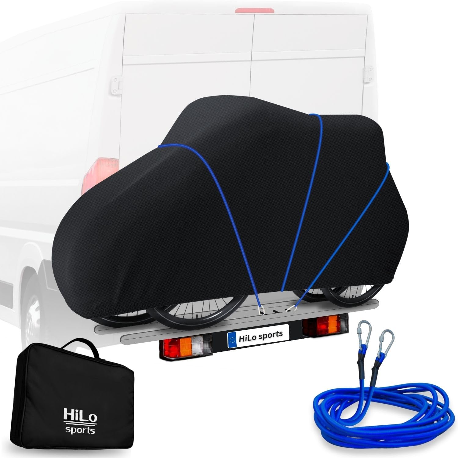 HiLo sports reißfeste Fahrradabdeckung Heckträger für 2 Fahrräder - [Mit 6m Seil] - Wasserdichter Fahrrad und E-Bike Transportschutz - Aus 600D Ripstop - Fahrradschutzhülle für Fahrradträger