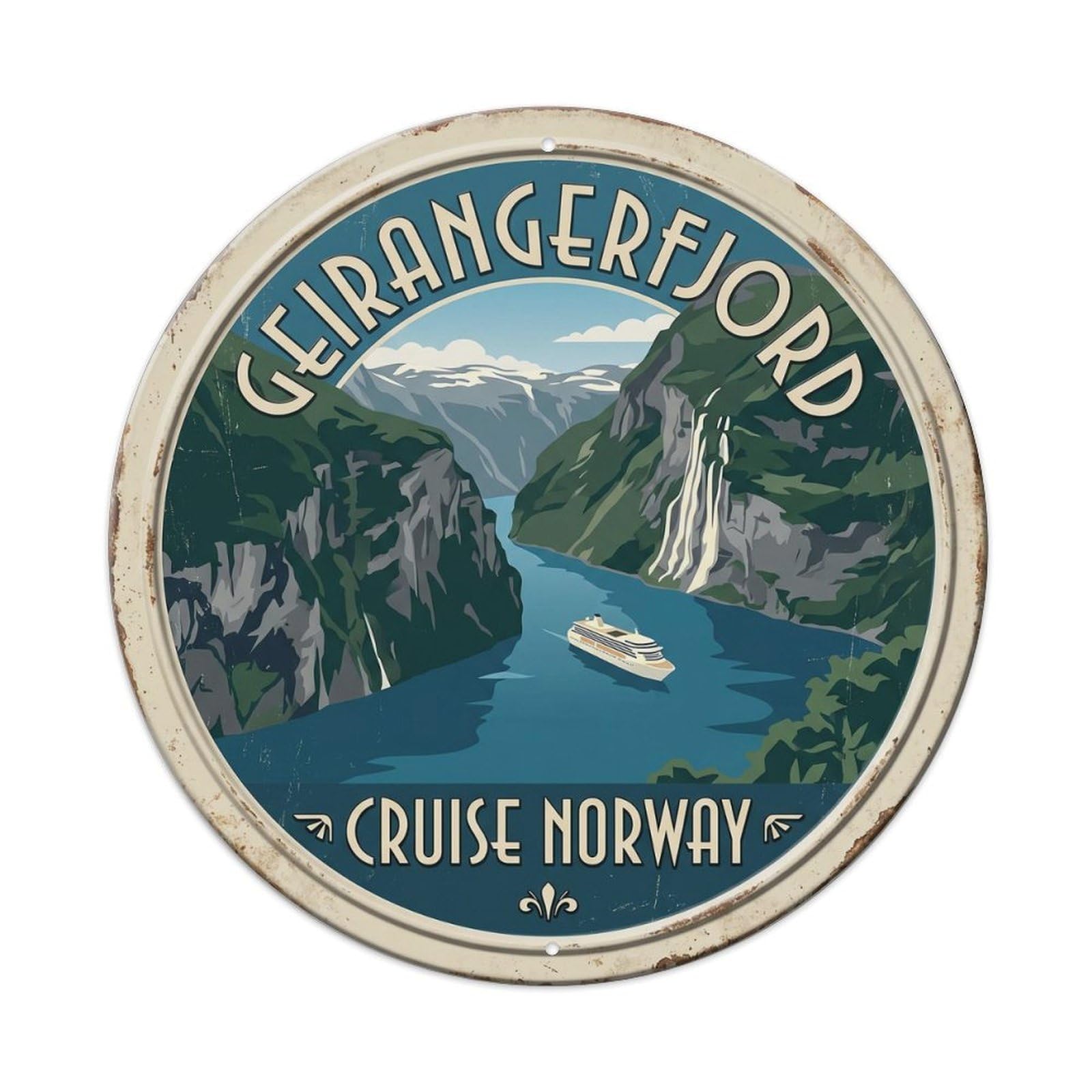 Geirangerfjord Cruise Norway Fjord Metal Tin Sign Plaque Wall Decor for Cafe, Club, Garden Round Metal Poster 8x8Inch