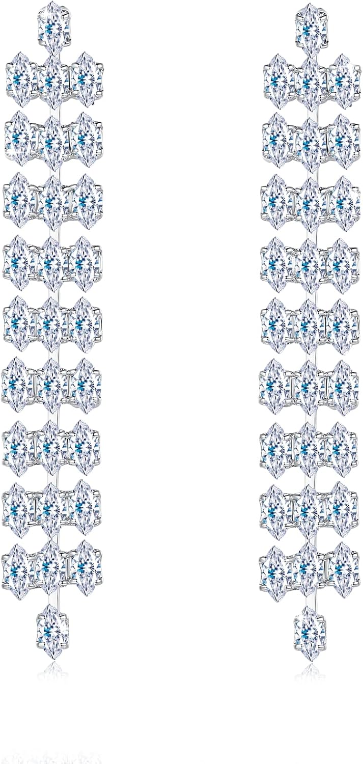 Wedding Earrings for Brides, Silver Earrings for Women, 18K White Gold Plated Sterling Silver Post Cubic Zirconia Dangle Earrings, Clear Crystal Hypoallergenic Chandelier/Tassel Earrings