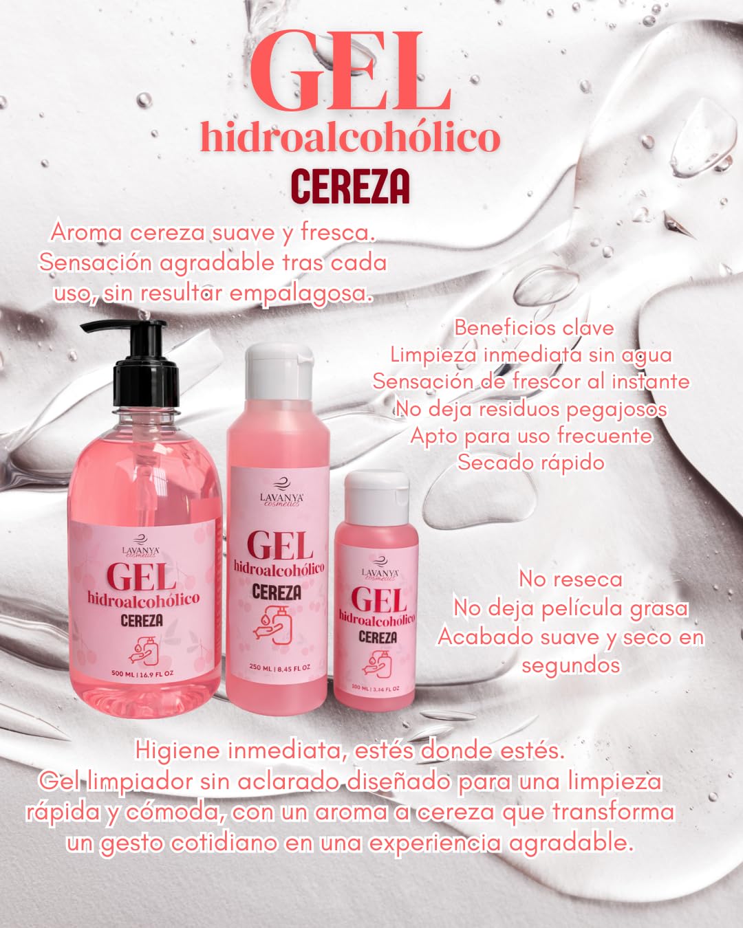 Gel Hidroalcohólico Lavanya Aroma Cereza 500 ml con Dosificador – Gel Antibacterial Manos, Rápida Absorción, No Pegajoso