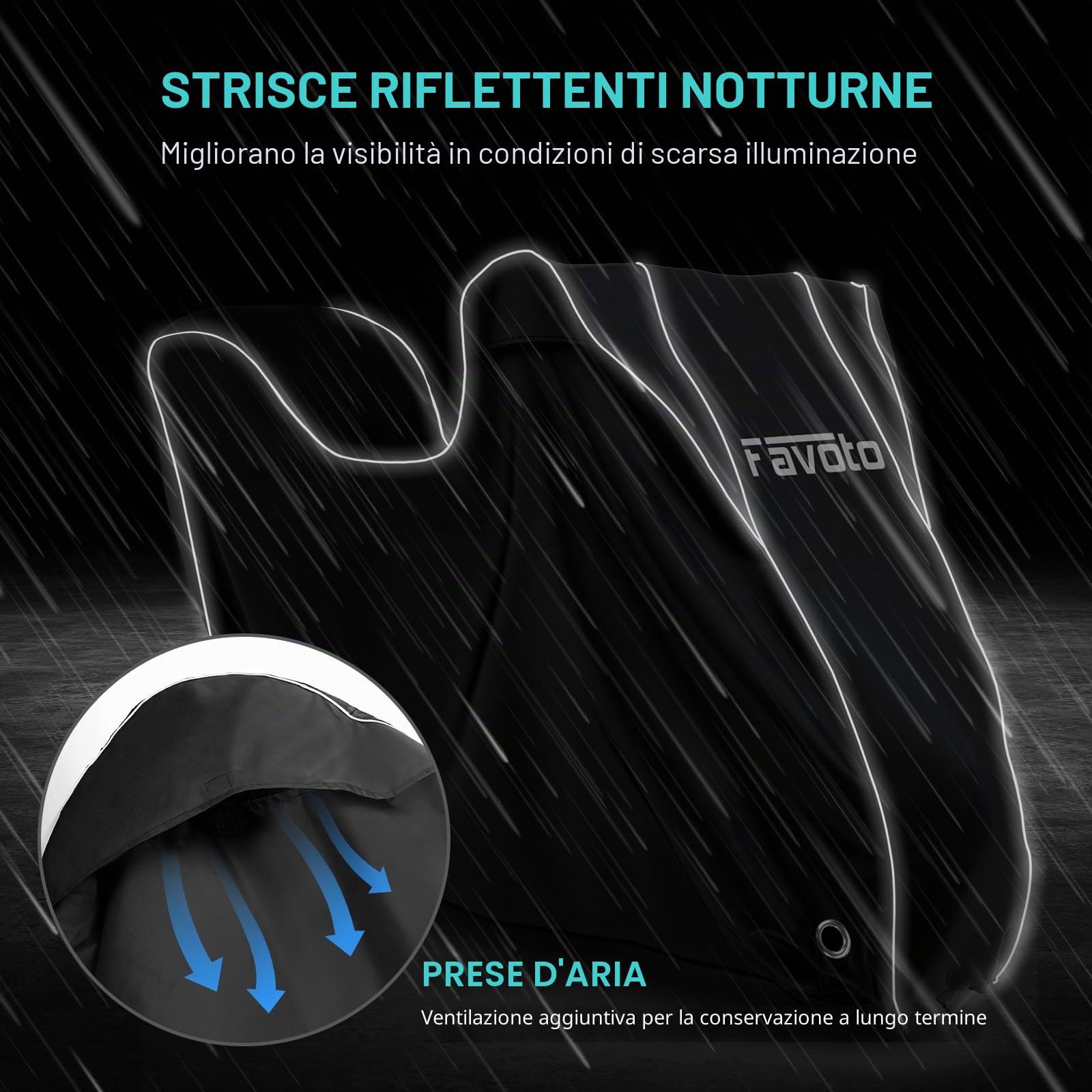 Favoto Telo Coprimoto Impermeabile Esterno Telo Moto Tessuto Oxford 300D e Scooter Elettrici con Bauletto, Strisce Riflettenti e Foro per Serratura 245cm x 105cm x 130cm