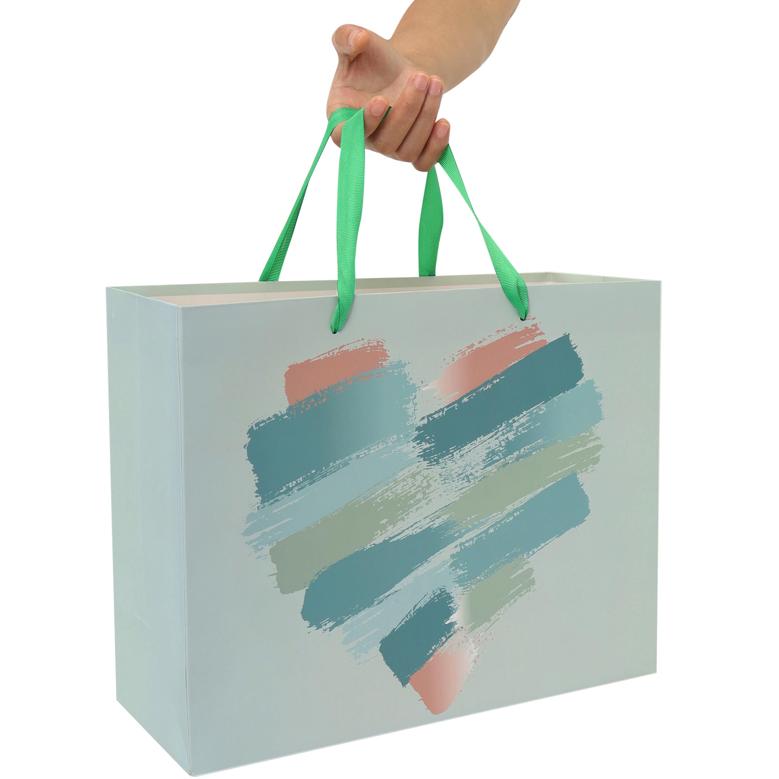 wishinside 13" Large Mint Green and Peach Gift Bag Set with Greeting Card and Tissue Papers for Valentines Day, Birthday Party, Wedding, Anniversary, Mother's Day, Brushstroke Heart Design, 1Pcs