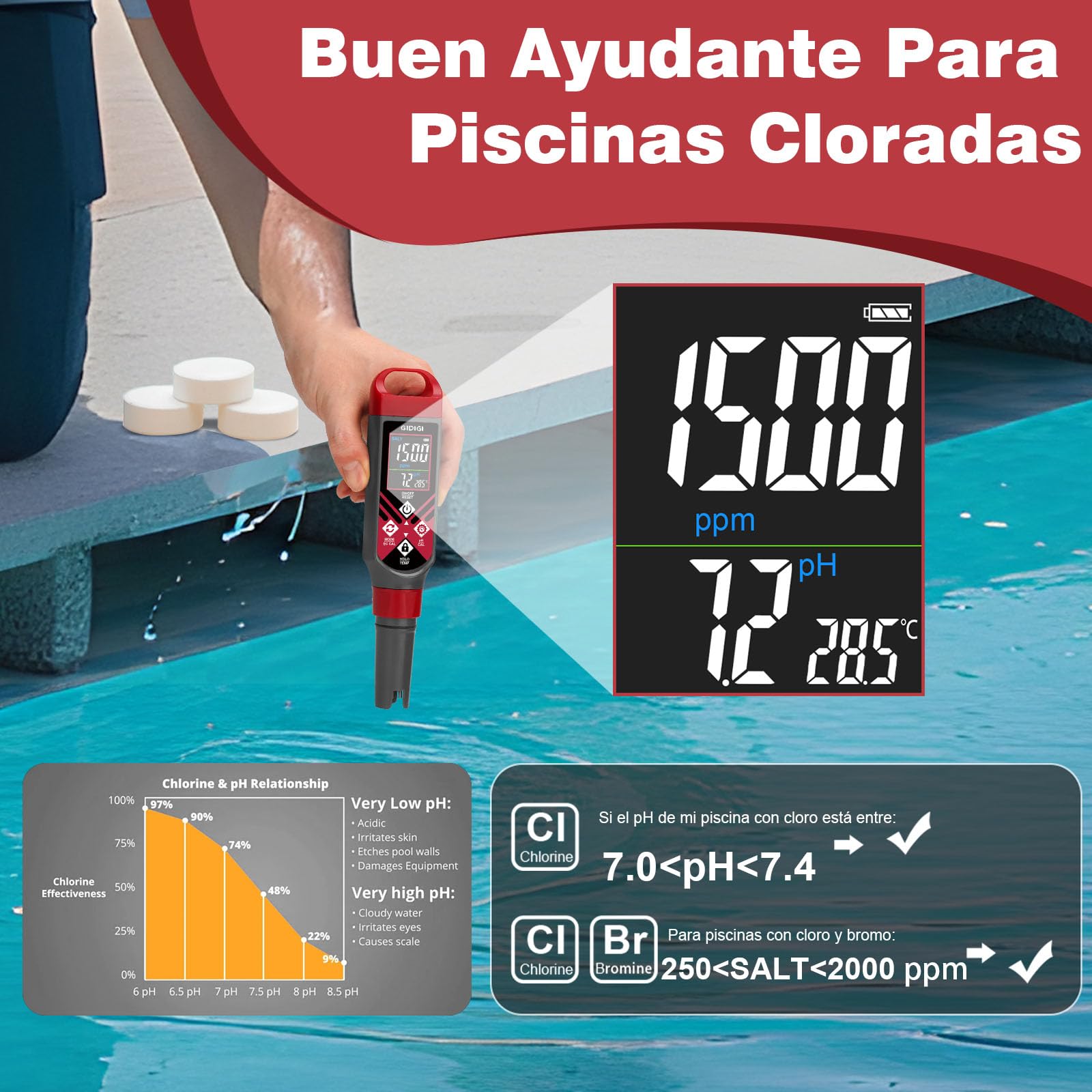 Medidor Digital 5 en 1 Salinidad pH EC TDS con Pantalla Color y Solución Calibración para Piscinas Agua Salada Acuarios Hidroponía