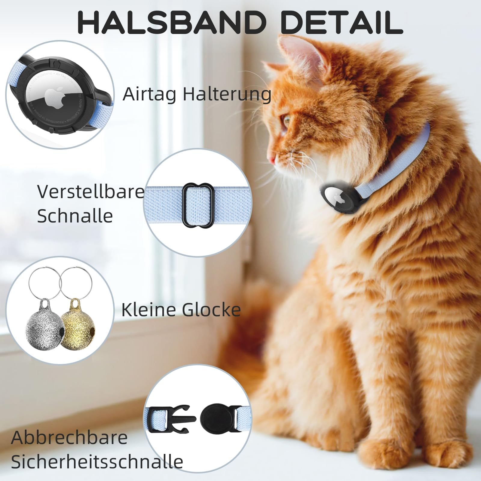 Collare Airtag Gatto, Collare Estensibile con Protezione Airtag e Campanellino, Leggero e Confortevole per Gatti di Tutte le Taglie (Blu)