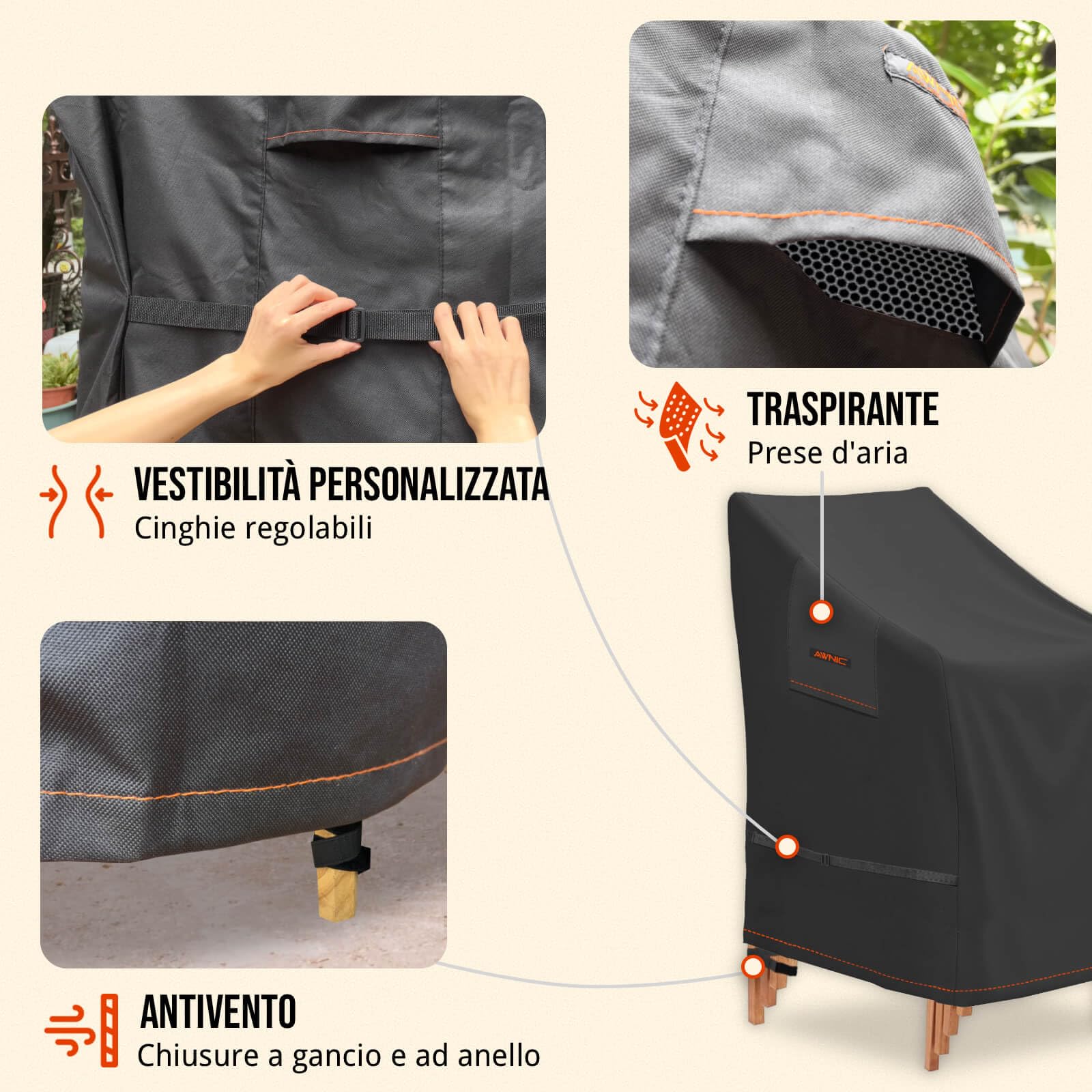 AWNIC Coprisedie da Esterno Impermeabile, 600D Resistente Oxford Tessuto Coprisedie da Giardino Impilabili con Sfiato per Sedie Impermeabile Resistente allo Strappo Antivento Anti-UV, 65x75x120/85cm