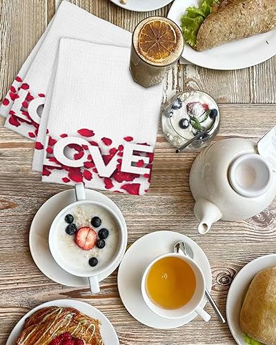 Miniatura 4 de Kitchen Towel 2 Packs Cotton Waffle Weave, Love Rose Flower Petal Valentine's Day 16 x 24 Inch Absorbent Quick Drying Dish Towels Clothes for