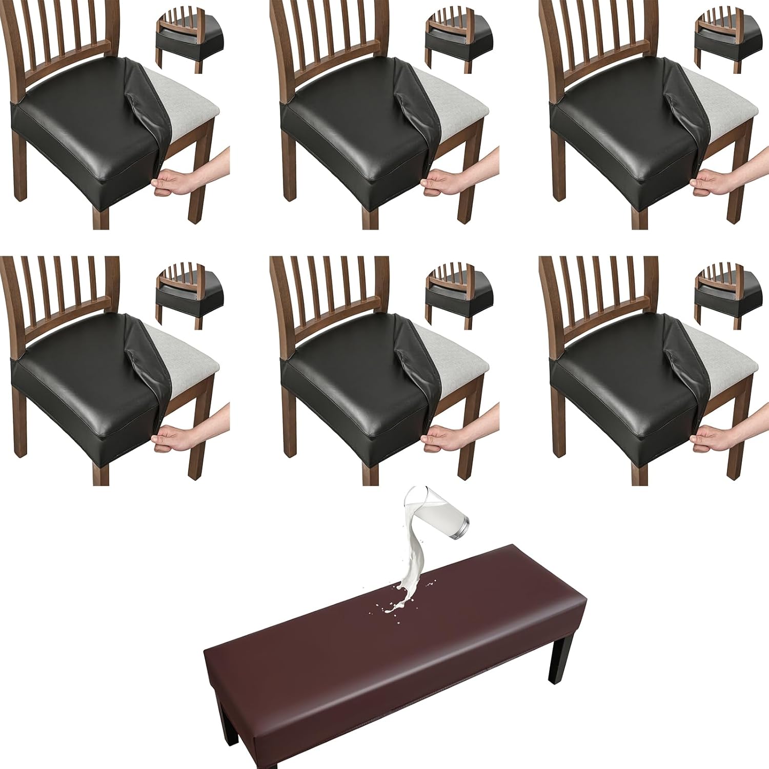 FUANGUI Dining Chair Covers Set of 6+Bench Cover, Waterproof PU Leather Stretch Chair Seat Slipcovers, Black+Coffee