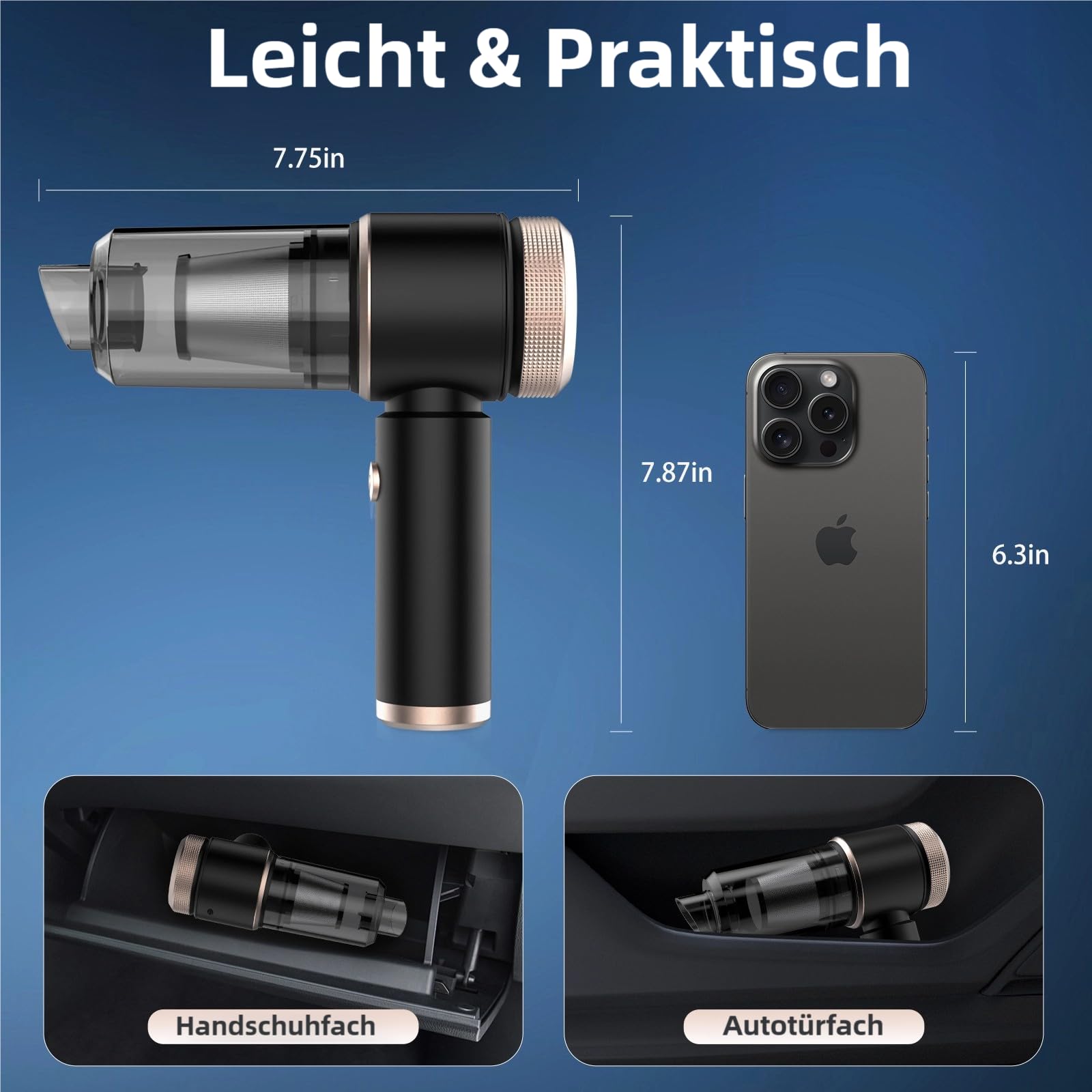 Handstaubsauger Mini, 5000mAh Akku USB-C, 380g leicht, 7 Aufsätze, 60dB leise, für Auto & Zuhause, mit Metallfilter + HEPA-Filter