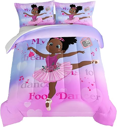 HOSIMA Juego de edredón mágico para niña negra, juego de edredón afroamericano para niñas y adolescentes, una niña a la que le gusta bailar ballet