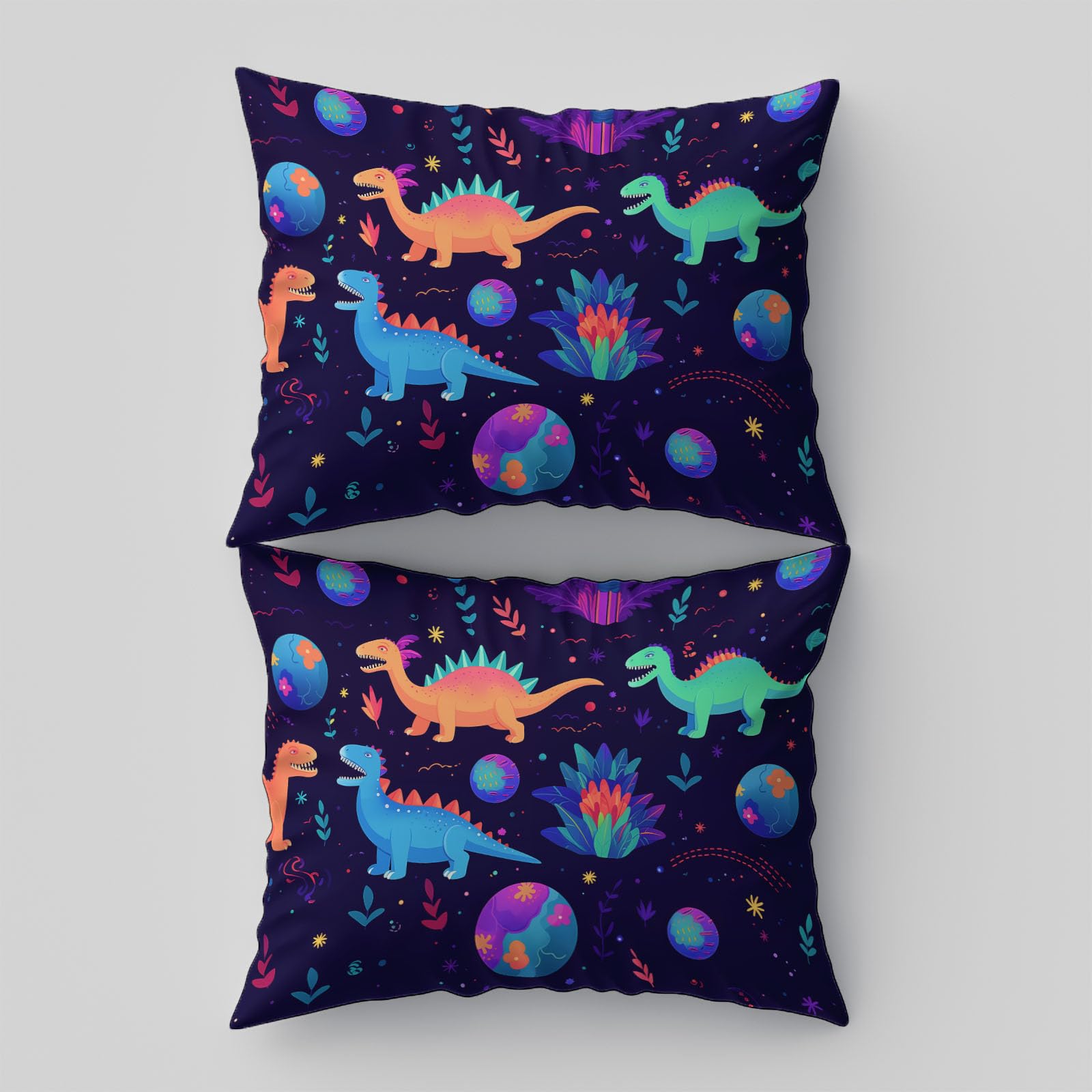 Illustration Fantastique Parure de Lit 140 x 200 cm, Cartoon Univers Dinosaure Étoiles Douce Microfibre Housse De Couette avec Fermeture Éclair et Taies d'oreiller, Violet Foncé