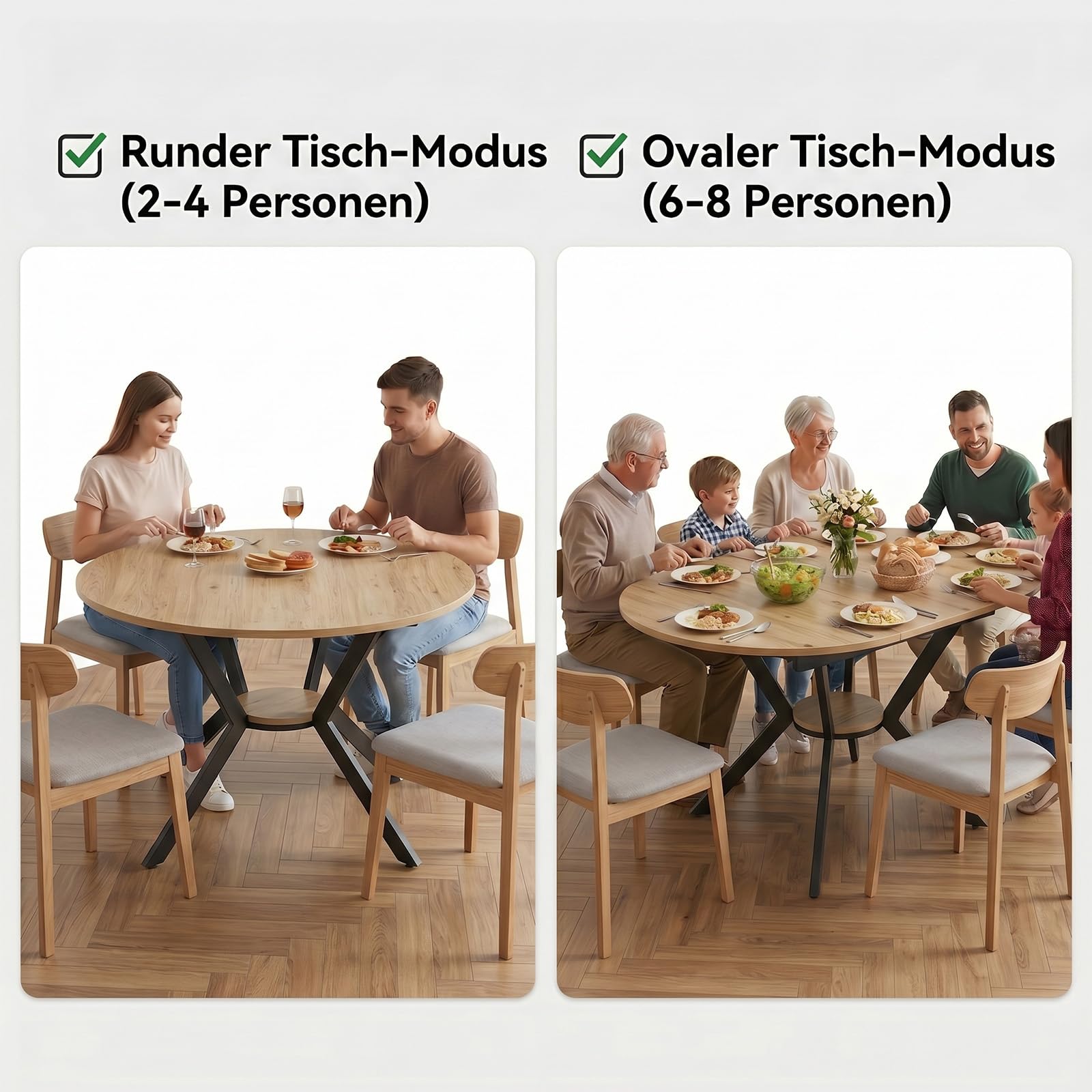 Esstisch Rund Ausziehbar, 100-140cm Rund Küchentisch Holz, Esszimmertisch Oval mit Teleskopfunktion, Wohnzimmertisch Erweiterbar mit Offenen Ablagen für Küche, Esszimmer und Wohnzimmer