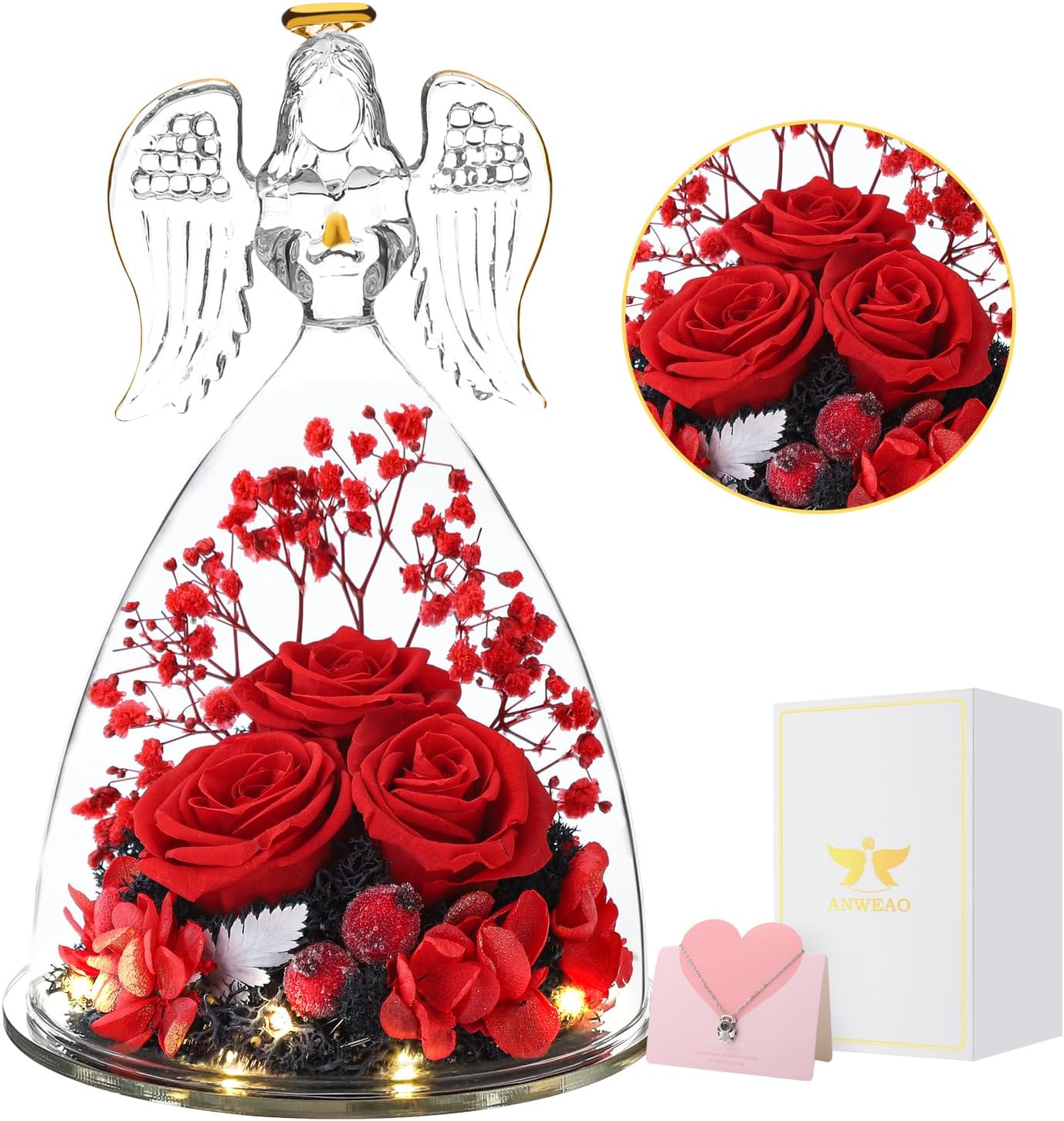 ANWEAO Valentines Day Gifts for Women Birthday Preserved Rose Forever Flower in Glass Angel Figurines Fresh Flowers for Delivery for Mom Real Colorful Roses for Grandma Wife Her from Daughter