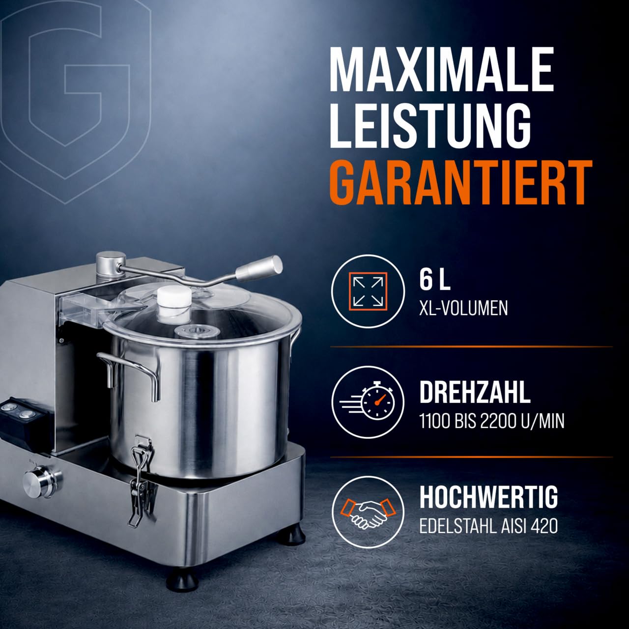 GastroHero Coupe-légumes en acier inoxydable CU-ECO6 - 6 l | Coupe-légumes professionnel pour gastronomie, boîtier en acier inoxydable robuste, nettoyage facile, vitesse réglable