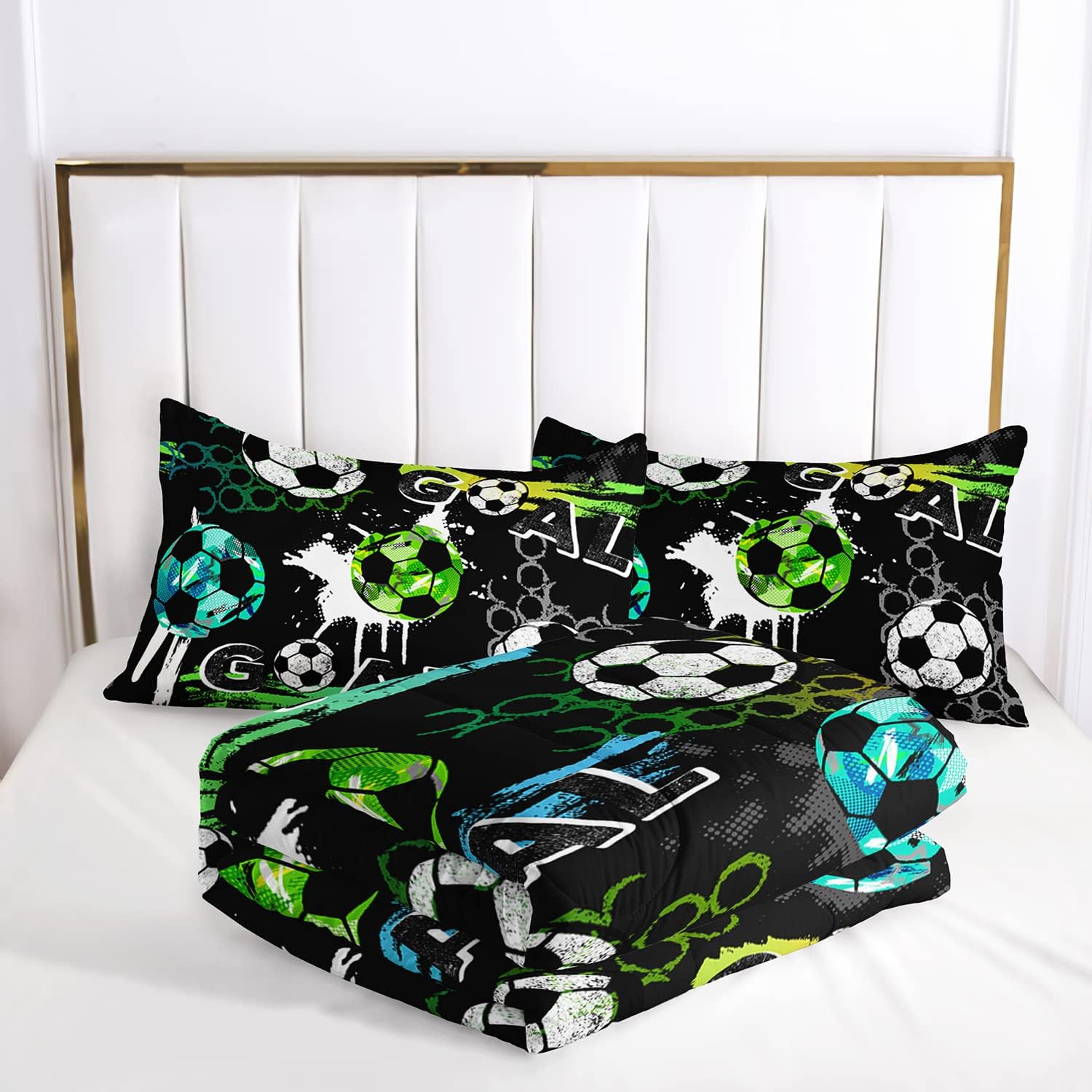 AILONEN Soccer Print Comforter Set for Boys Teens Twin Size 3Pcs, Football Sports with Blue Green White Soccer Pattern Bedding Set,Soft Microfiber,1 Quilt and 2 Pillowcases