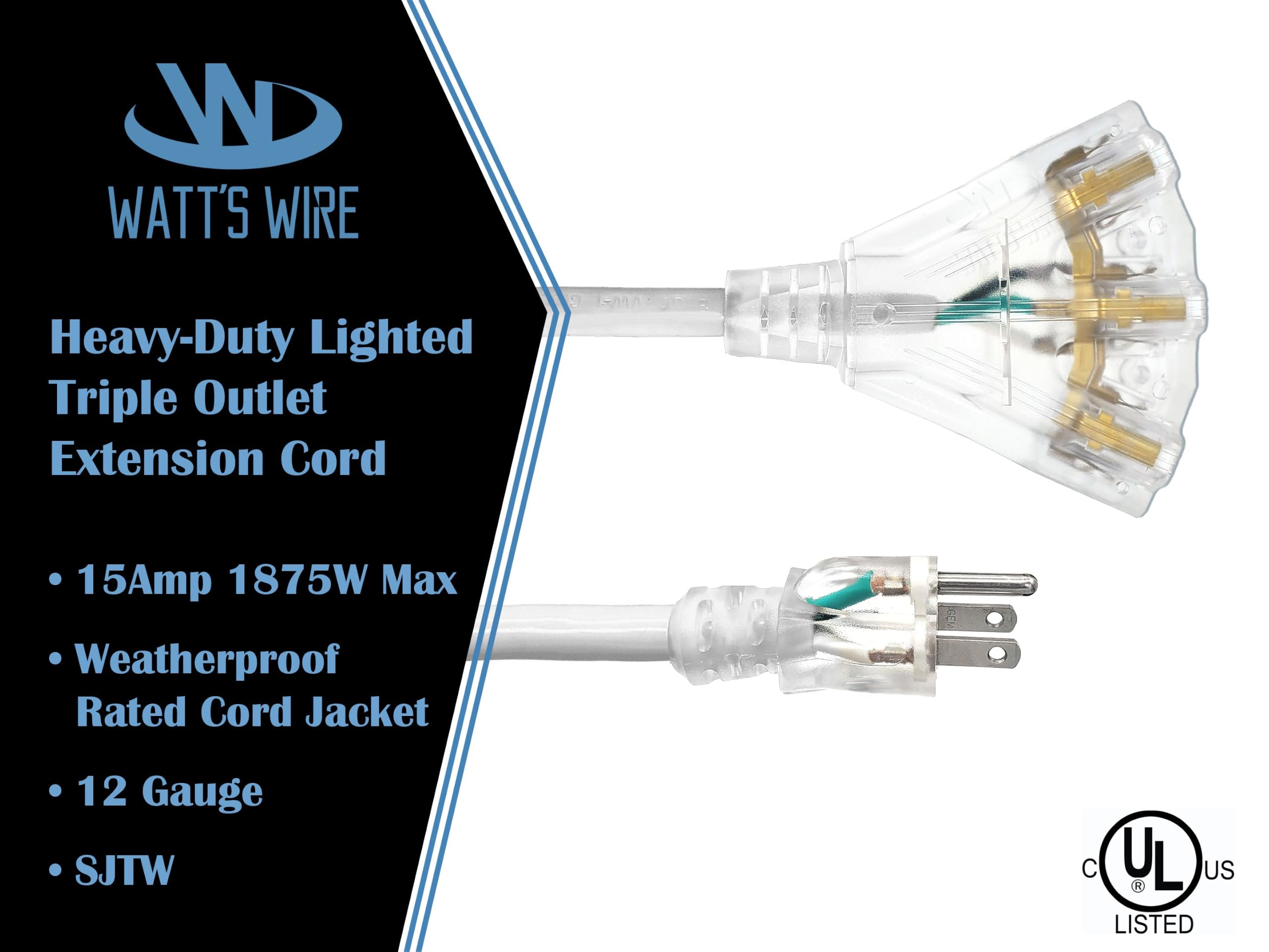 25-ft 12/3 Heavy Duty 3-Outlet Lighted SJTW Indoor/Outdoor White Extension Cord by Watt's Wire - 25' 12-Gauge Grounded 15-Amp Power-Cord (25 Foot 12-Awg White)