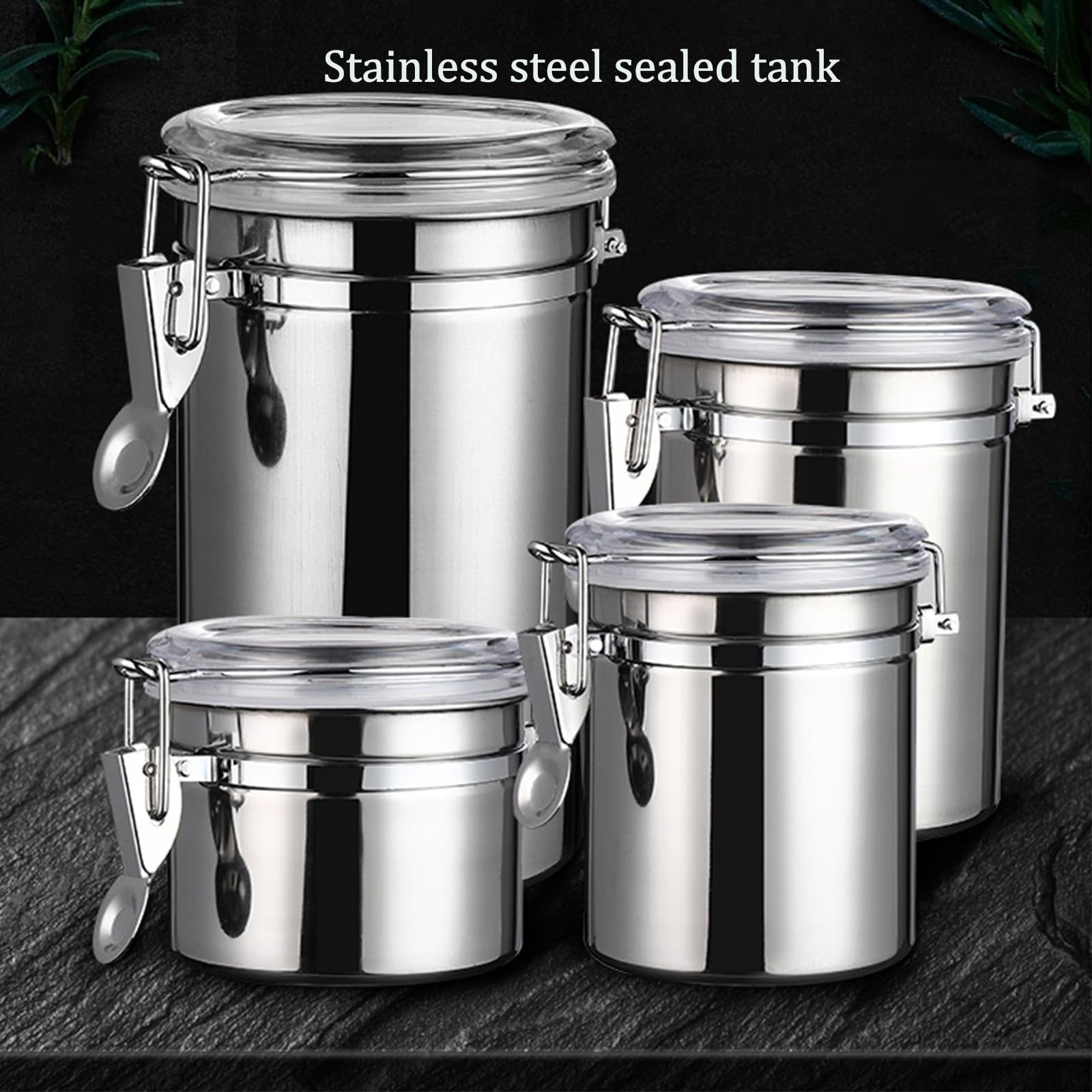 Stainless Steel Cereal Dispenser Bucket Kitchen Storage Containers with Clear Lid Airtight Canisters with Locking Clamp Milk Powder Jugs Rice Containers Food Storage Jar for Tea Coffee Bean Sugar.(4pc