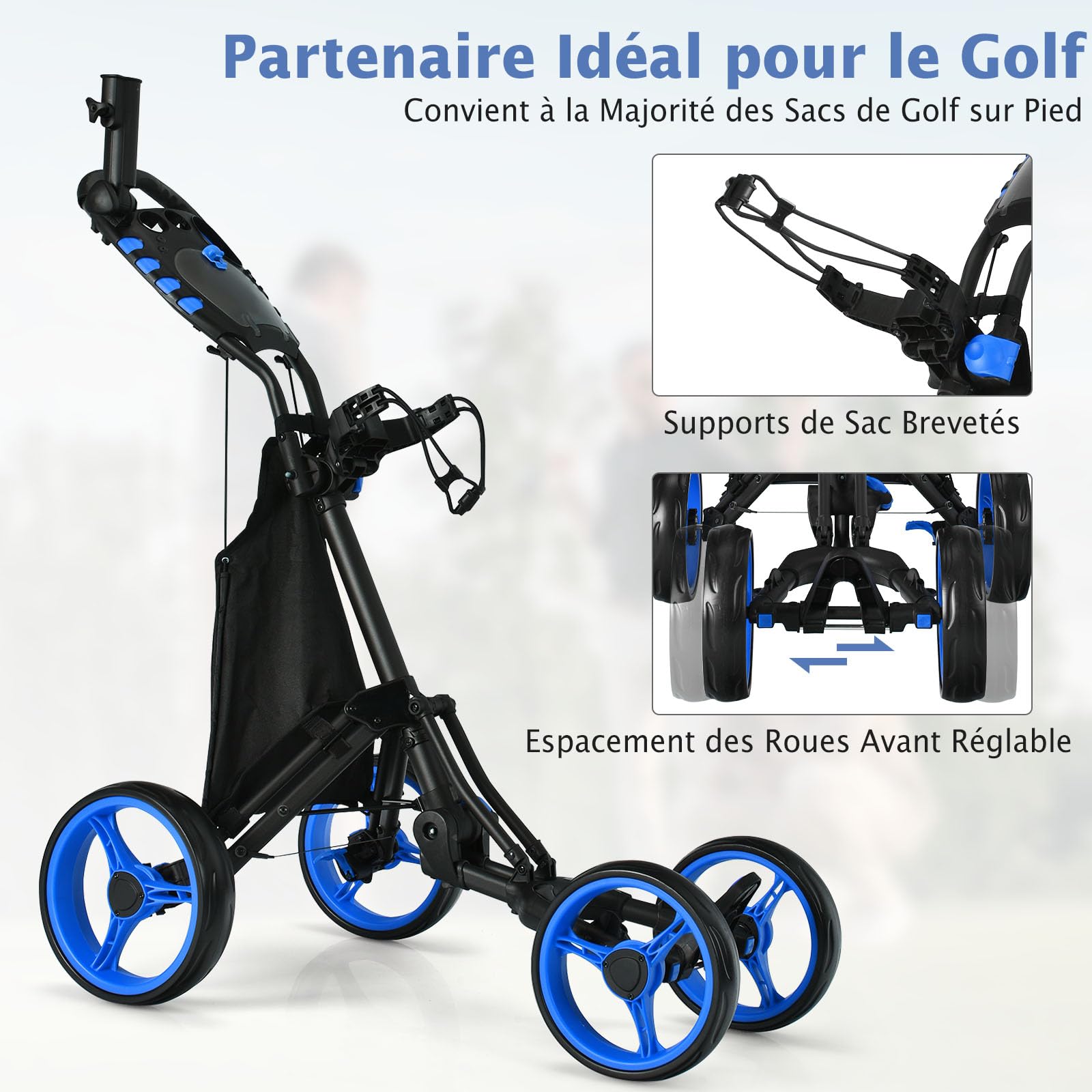 COSTWAY Chariot de Golf Pliable à Pousser ou à Tirer à 4 Roues, Chariot de Golf Léger avec Sac Imperméable et Frein à Pied Porte-Parapluie Réglable Poignée Réglable